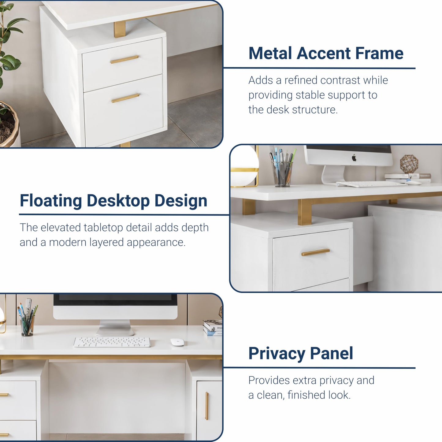 Techni Mobili Storage Drawers and Cabinet 51.25” W-Modern Office Large Floating Desktop Surface Desk, 23.6" D x 51.2" W x 29.8" H, White/Gold