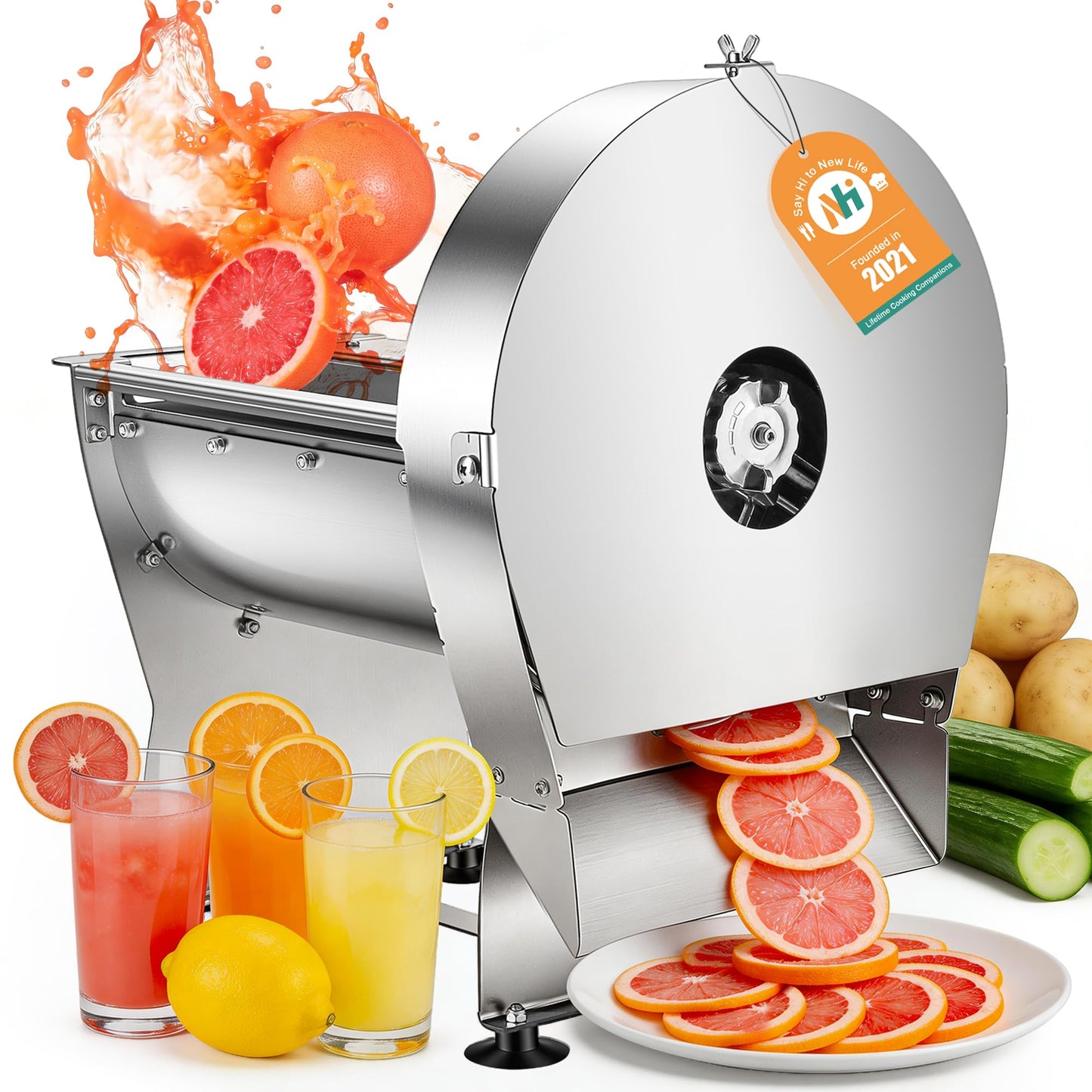 Newhai 0-10mm Commercial Onion Slicer Potato Chips Sweet Potato Tomato Slicing Machine Electric Cabbage Shredder Machine Vegetable Fruit Processor 0-0.4’’ Stainless Steel