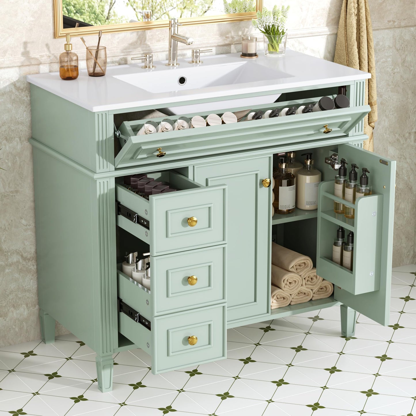 36" Bathroom Vanity Cabinet with Ceramic Countertop Sink Combo Set, Solid Wood Frame, Tilt-Out Drawers and Left Side Drawers, Soft Closing Door Hinges, Modern Style, Green