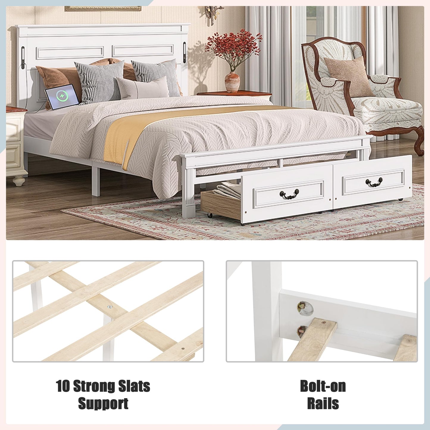 KEIKI Queen Size Farmhouse Bed Frame with 2 Storage Drawers & LED Lights & USB-C Charging Ports, Solid Wood Platform Bed with Tall Panel Headboard & Footboard, No Box Spring Needed, White