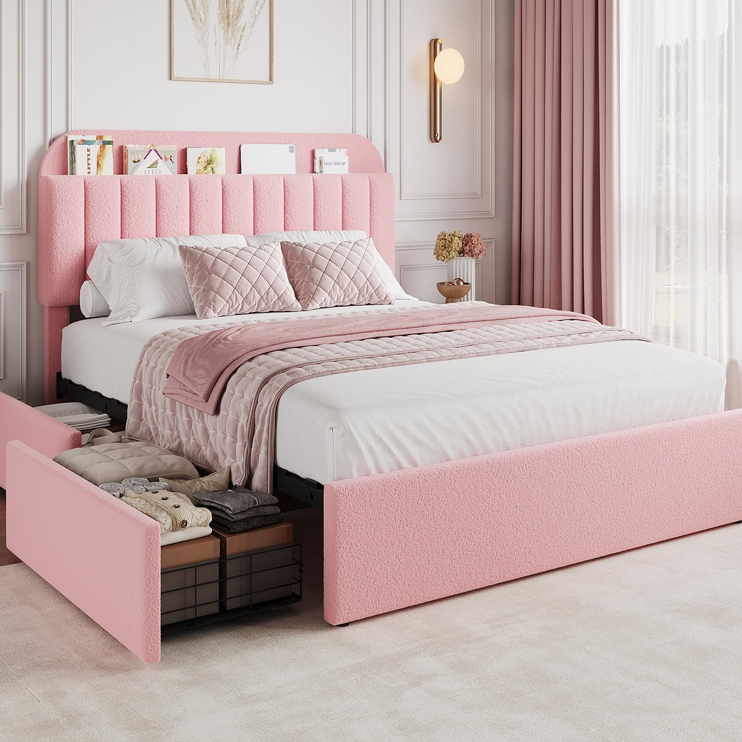 GarveeHome Queen Bed Frame with Storage Headboard, Girls Bed Frame with 2 Drawers, Boucle Upholstered Platform Bed with Bookcase, No Box Spring Needed, Easy Assembly, Light Pink