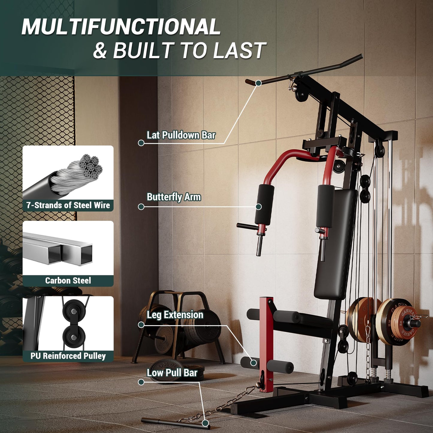 Multifunctional Home Gym Equipment - 300LB Capacity All-in-one Workout Station with Cable Pulley System, LAT Pulldown, Chest Press & Leg Extension for Full Body Strength Training