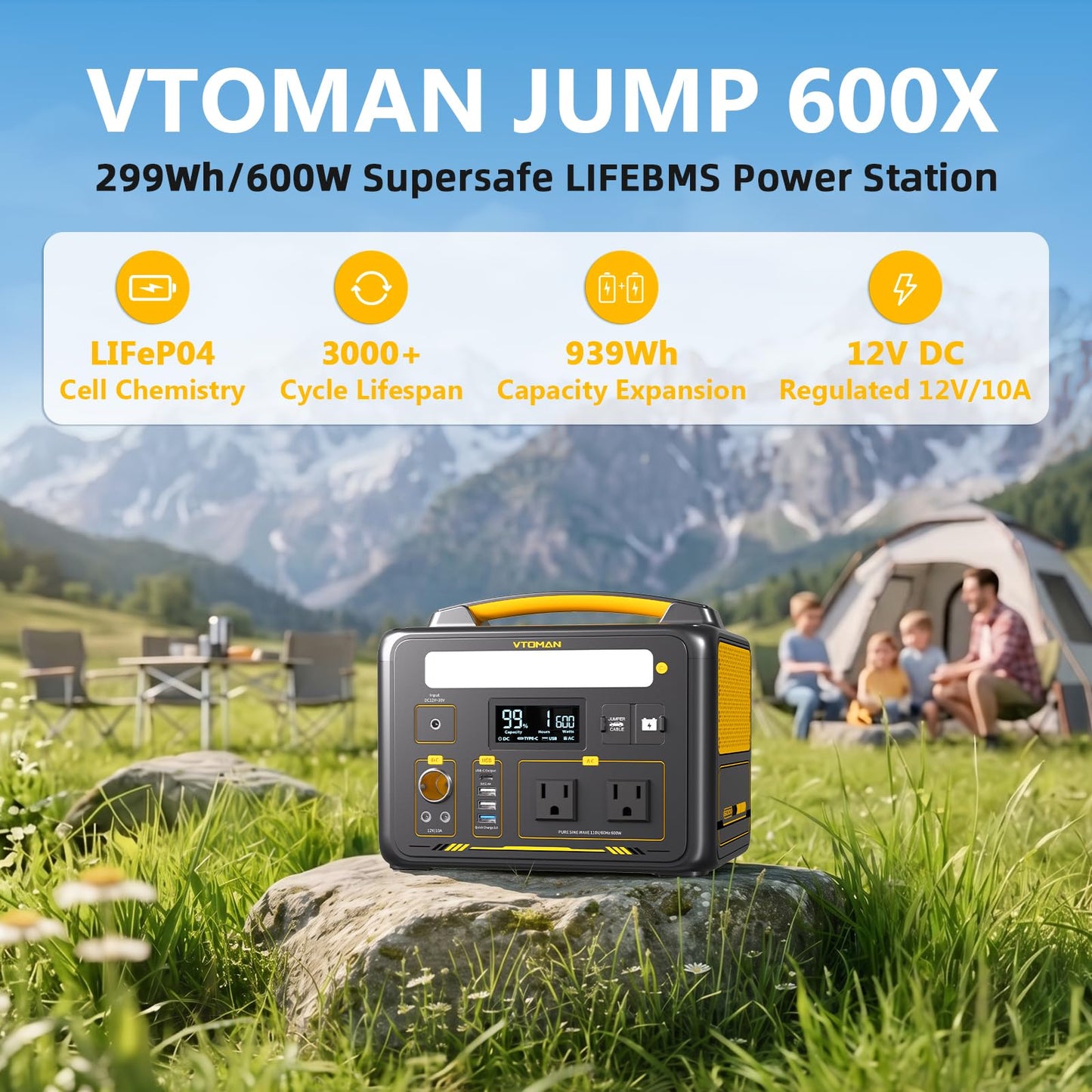 VTOMAN Jump 600X Portable Power Station 600W, 299Wh Solar Generator LiFePO4 Battery Power Station with Jump Start for Car, 1200W AC Outlet, PD 60W USB-C, 3x Regulated 12V/10A DC for Camping, RV Travel