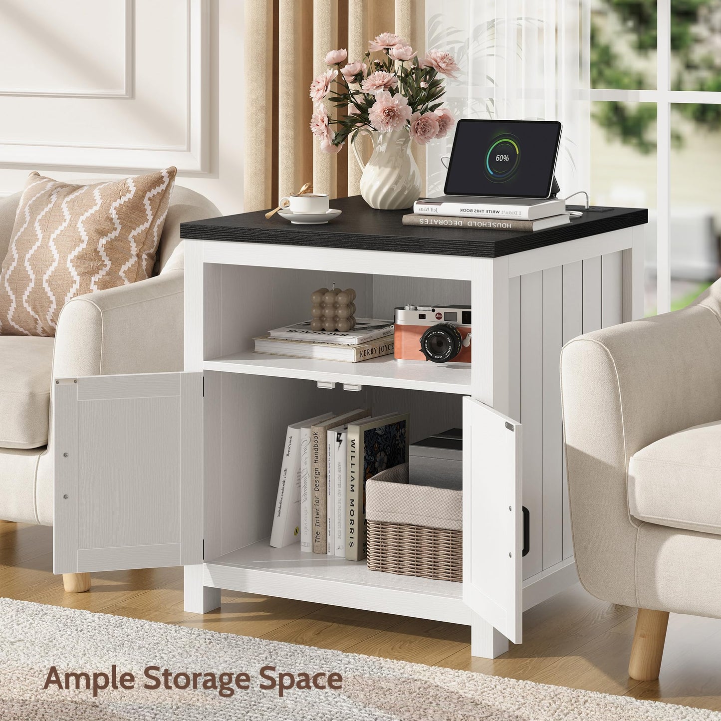 Vividwood Farmhouse End Table Set of 2 with Charging Station, 24" Large Side Table with Open Shelf and Storage Cabinet, Wood Square Bedside Table Nightstand for Living Room, Bedroom (White)