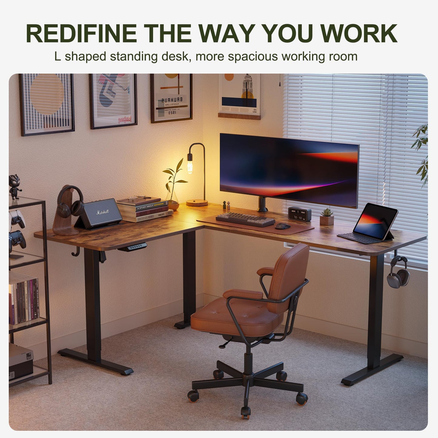 BANTI L-Shaped Standing Desk - 63 x 55 Inch Adjustable Corner Standing Desk with Charging Station - L Shape Sit Stand Table with Memory Controller, Splice Board for Home Office, Rustic Brown