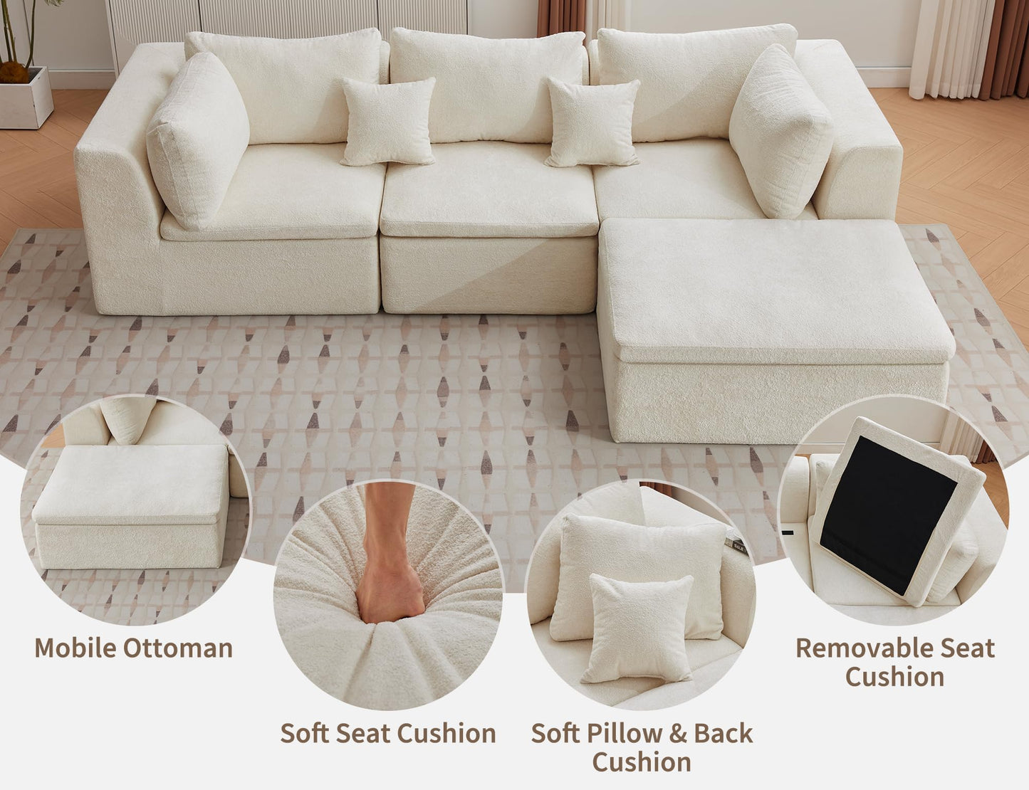 Garvee Cloud Boneless Couch with Ottoman 110" Convertible L Shaped Modular Sectional Sofa with Chaise Deep Seating Chenille Fabric High-Density Memory Foam Pillows for Living Room