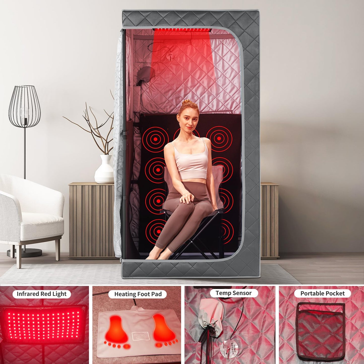 iDOTODO Full Size Portable Personal Infrared Sauna for Home, Personal Home Spa Tent with Remote Control, Heating Foot Pad, Foldable Reinforced Chair （Grey, L33.8 x W 33.8" x H 66.5"