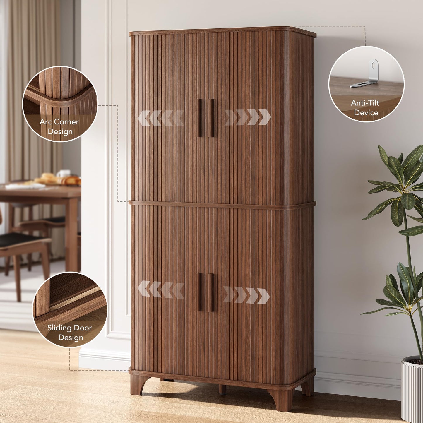 Decofy 69" Tall Kitchen Pantry Storage Cabinet with Sliding Door, Modern Curved Edge Pantry Storage Cabinet with 5 Shelves, Cupboard for the Kitchen, Dining Room, Bedroom, Living Room, Office (Walnut)