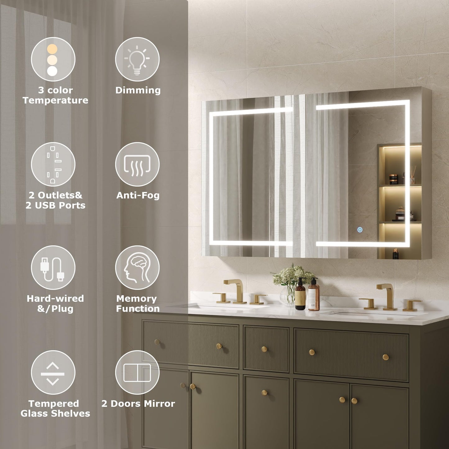 DeerValley Led Lighted Medicine Cabinet with Mirror, 48" W x 32" H Mirrored Medicine Cabinet with Lights for Bathroom with Defogger & Dimmable 3-Color