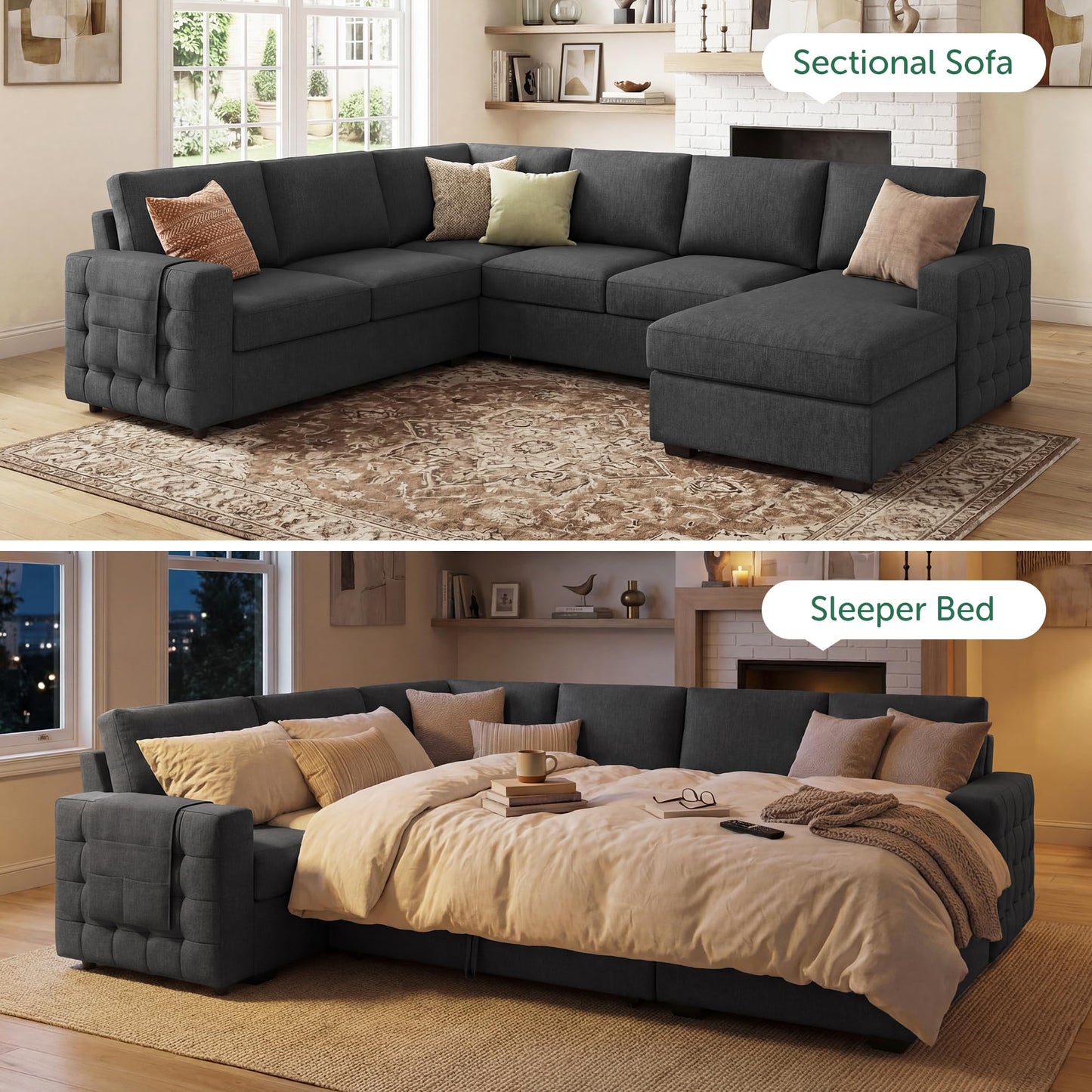 HONBAY Sectional Couch with Pull Out Bed, Sectional Sleeper Sofa with Storage, U Shape Couches for Living Room, Dark Grey
