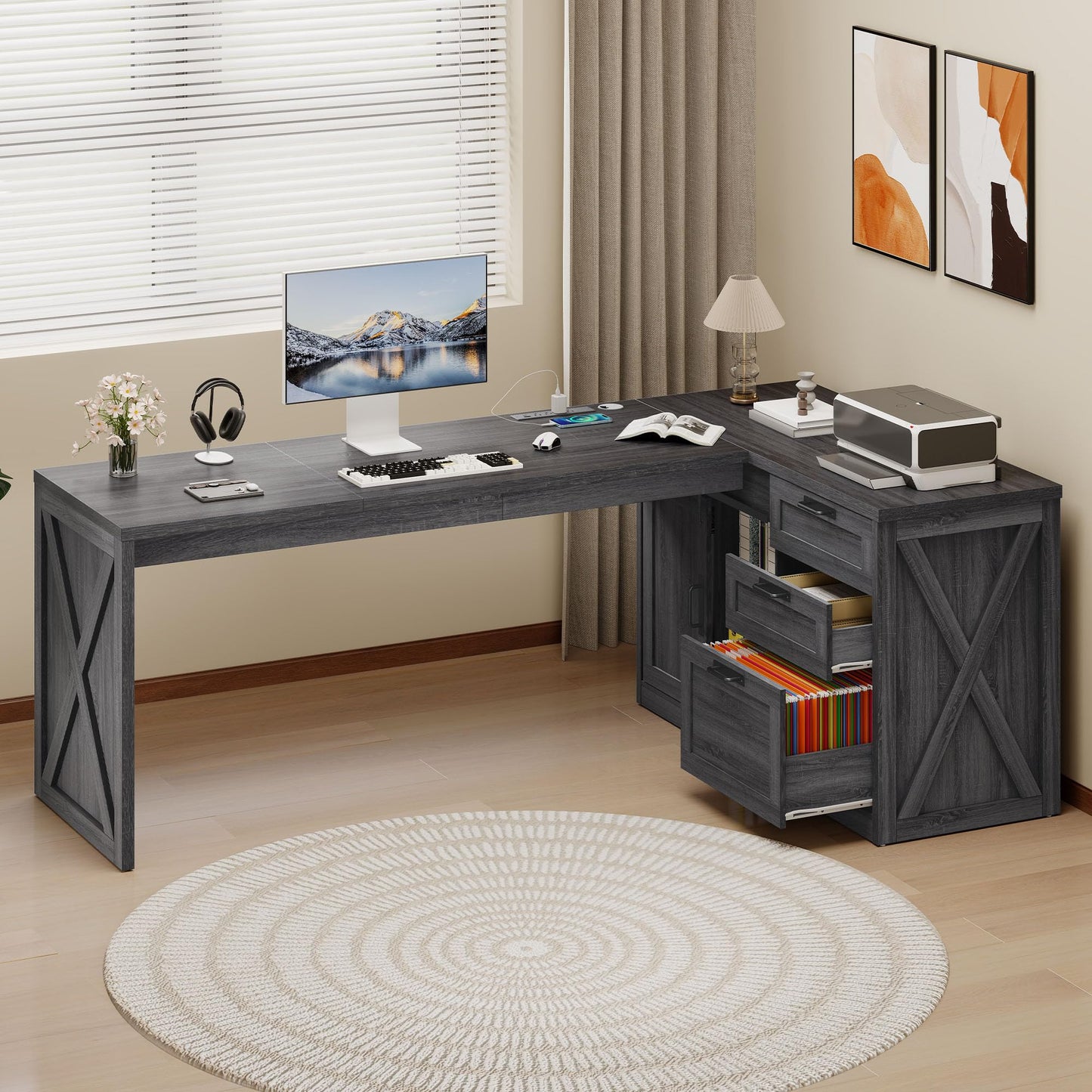 Meowloday 78'' Farmhouse L Shaped Desk, Large Home Office Desk with File Drawer and Charging Station, Computer Corner Desks with Sliding Barn Door & Storage Cabinet for Office Home, Bedroom, Grey