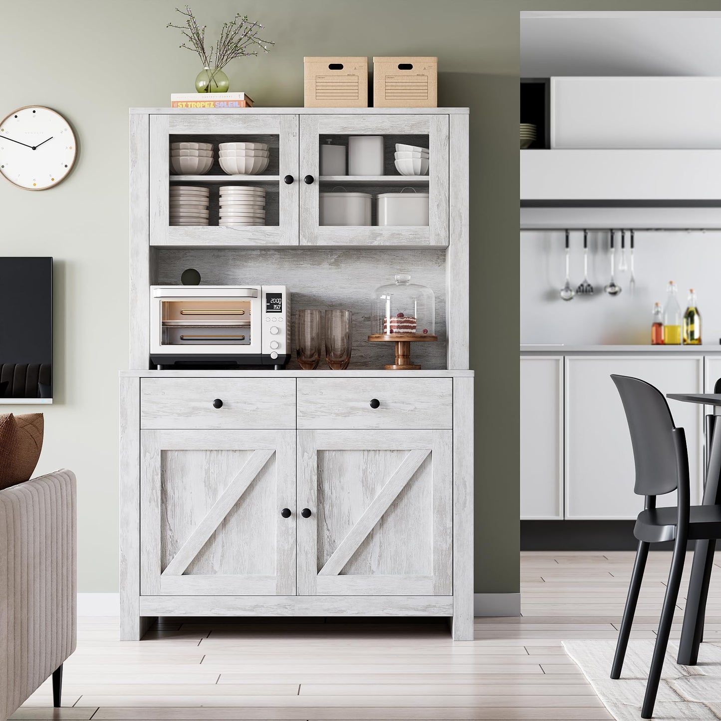 IDEALHOUSE Modern Kitchen Pantry Cabinet, Microwave Storage Stand, Engineered Wood Food Organizer Cabinet with Multi Compartments, for Home Kitchen Dining Area, Gray