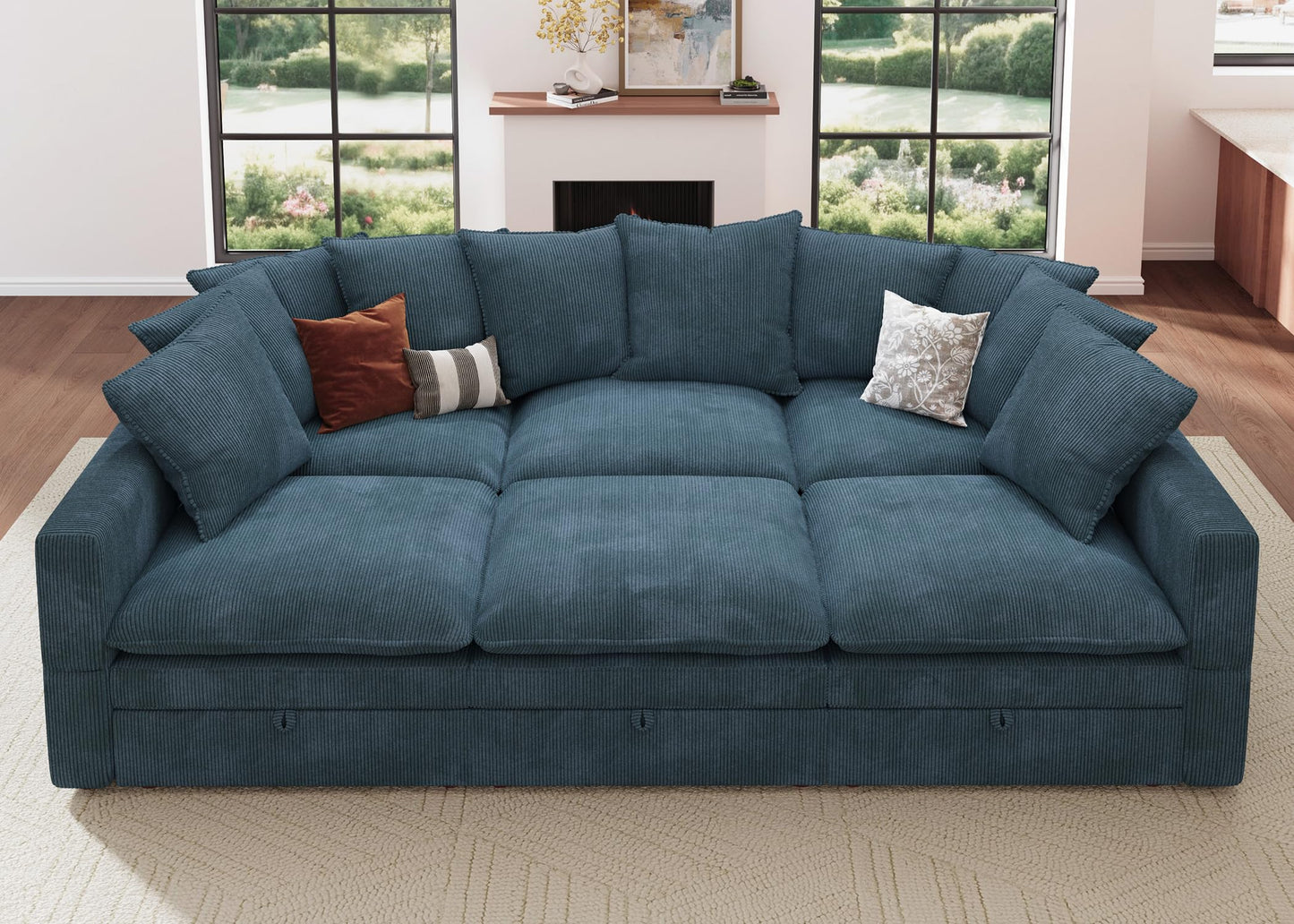 HONBAY Modular Sectional Sleeper Sofa, Corduroy 6 Seater Couch with Storage, Sectional Sleeper Couches for Living Room, Blue