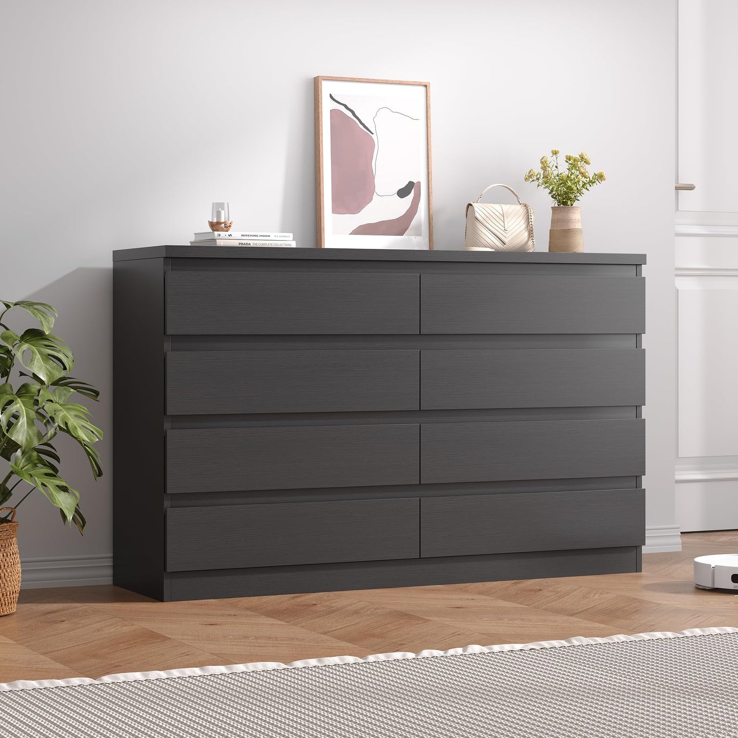 Jocoevol Modern Black 8 Drawer Dresser for Bedroom, 15.3" D x 55.2" W x 32.3" H Simply Chest of Drawers, Wood Storage Dresser with Deep Drawers for Living Room Hallway Entryway, Black