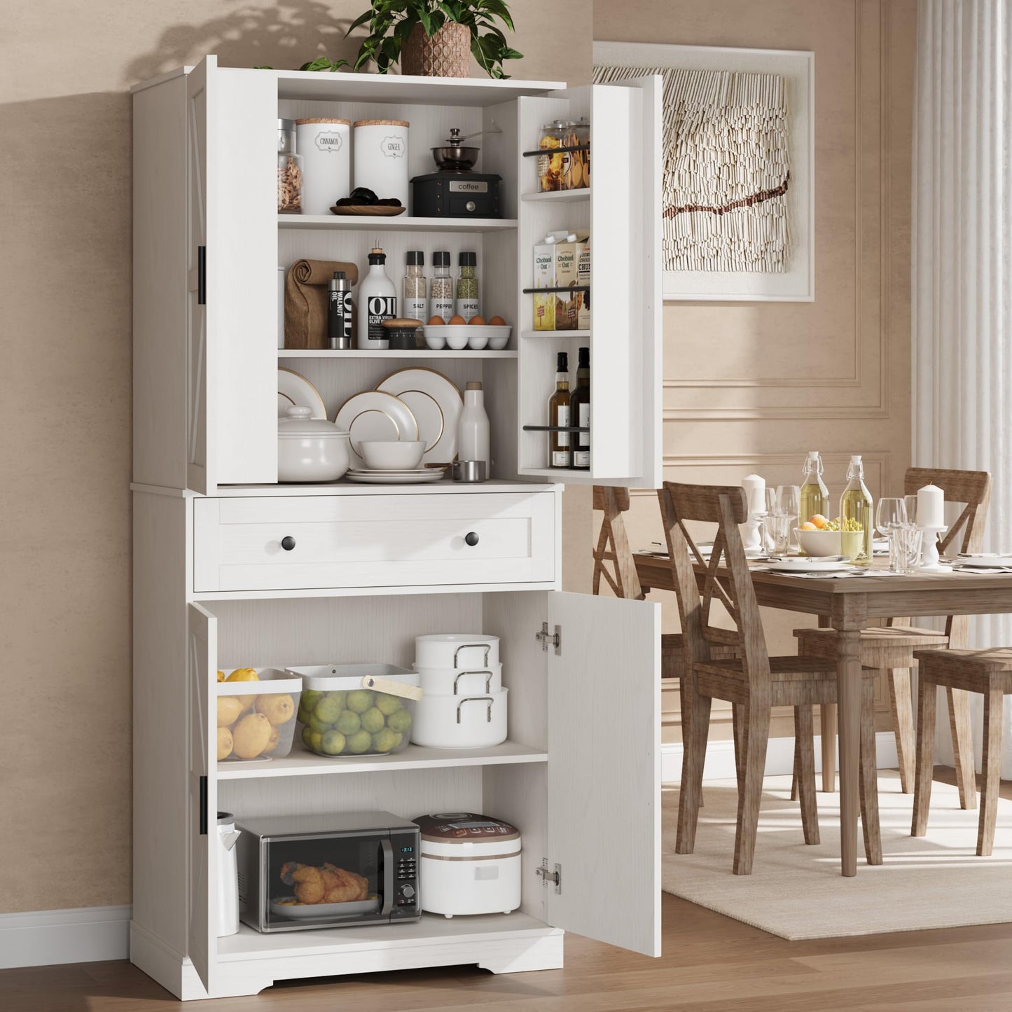 Garvee 71" Kitchen Pantry Cabinet, Barn Door Freestanding Cupboard with Drawer, Sliding Storage Rack, and 6 Hanging Shelves for Kitchen, Dining Room, Living Room Bedroom