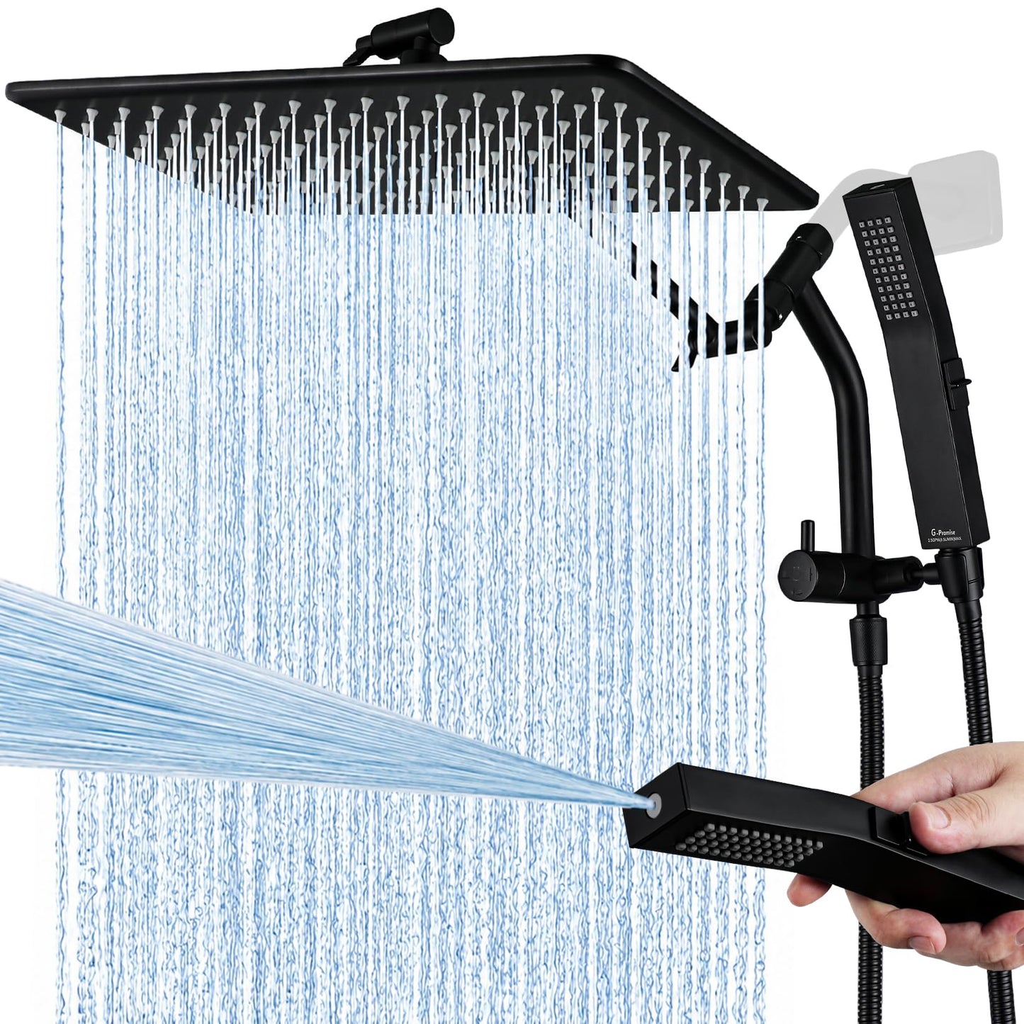 G-Promise All Metal 14 Inch Rain Shower Head with Power Wash Mode Handheld Spray Combo, Pause Setting 3-way Diverter, Full Body Coverage Waterfall Showerhead, Luxury Bathroom Upgrade (Matte Black)