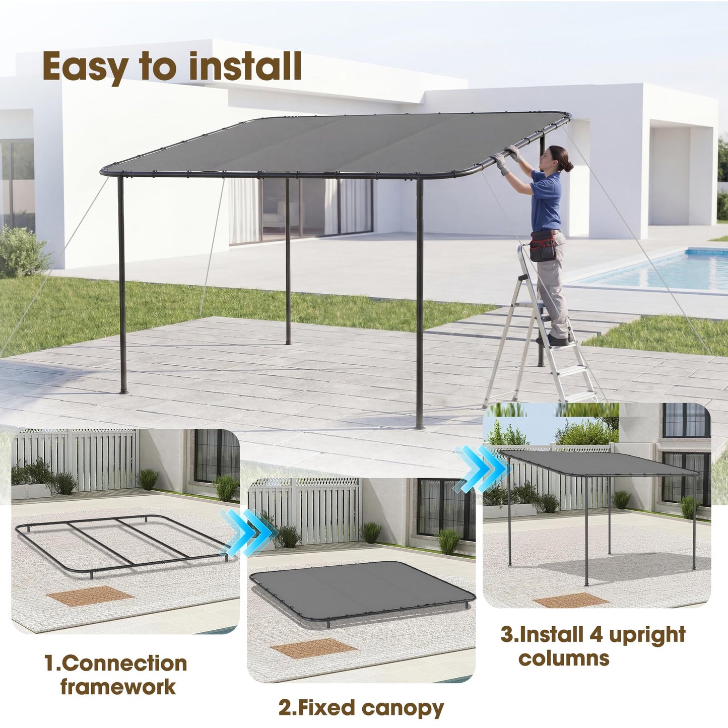 TOBYUL 12'x10' Lean to Gazebo Pergola with 3 Types Ground Nails and Weatherproof Canopy, Large Wall-Mounted Galvanized Steel Frame Shelter, Outdoor Sloped Roof Awning for Patio, Deck, Backyard (Gray)