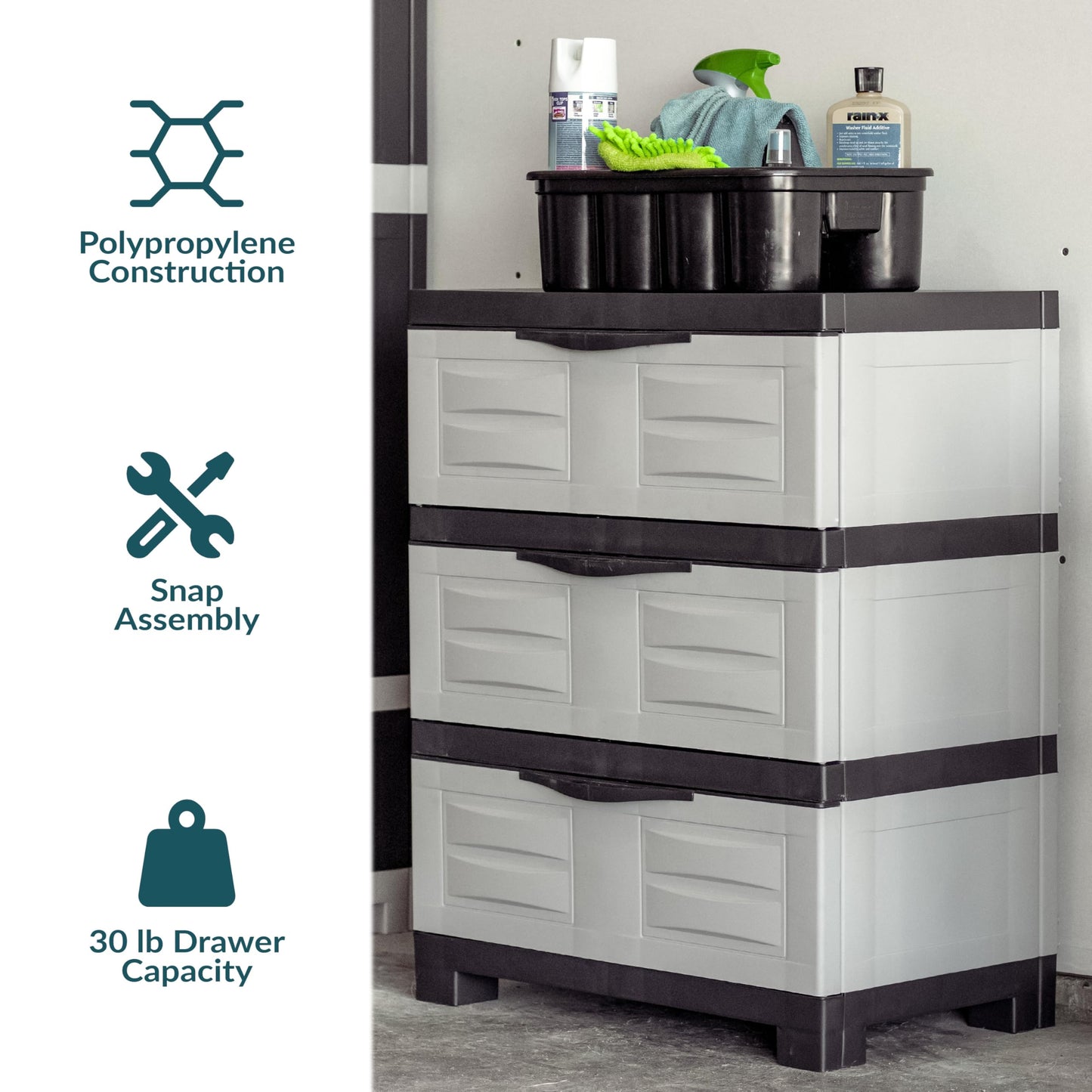 Sunnydaze 29.5" H 3-Tier Storage Cabinet with Drawers - Resin Storage Drawers Organizer - for Garage, Office, Home, Laundry Room - Gray w/Charcoal Trim