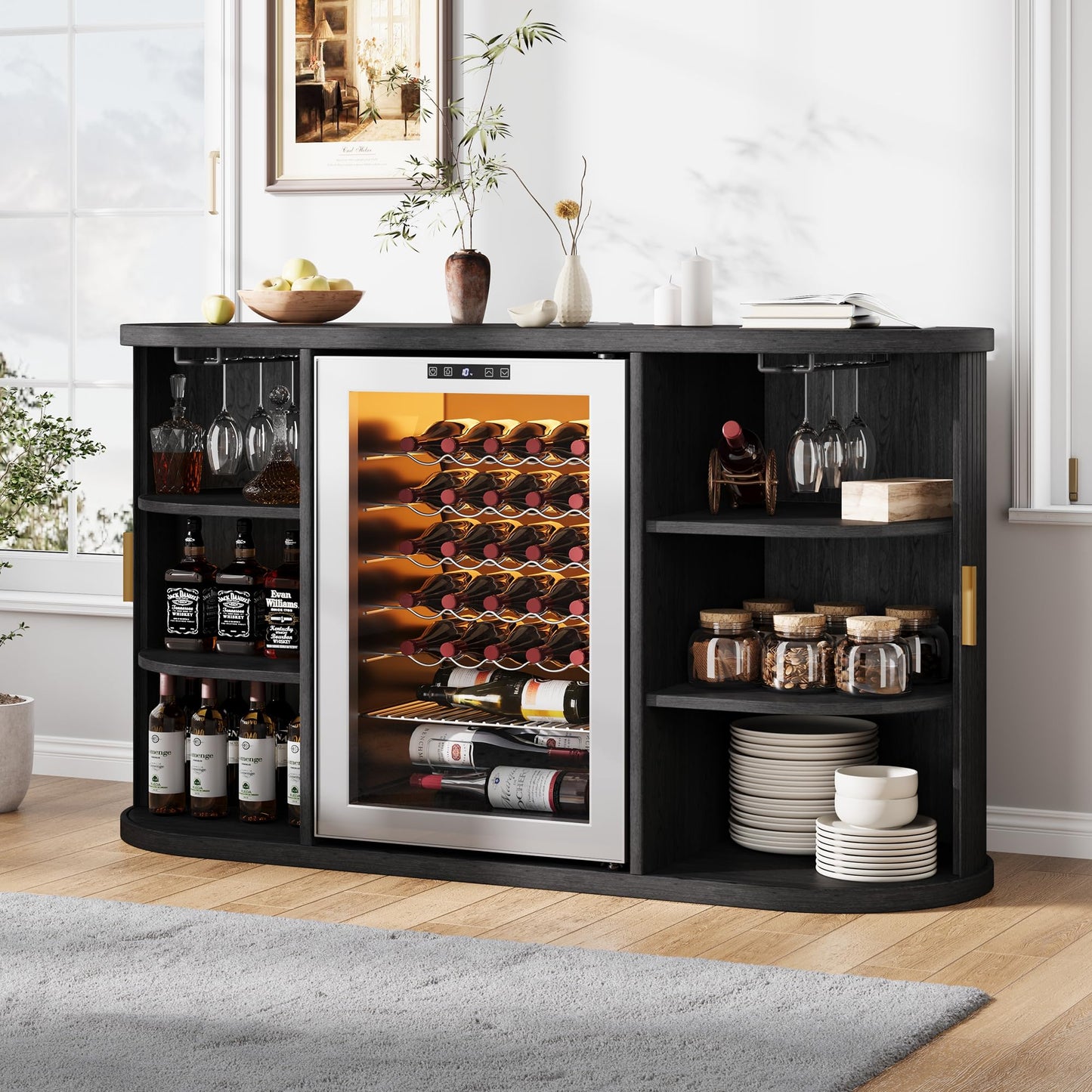 Jocoevol 53" Fluted Wine Bar Cabinet with Sliding Doors, Coffee Bar Cabinet with Charging Station & Glass Holder, Modern Liquor Whiskey Buffet Sideboard for Dining Room, Living Room, Kitchen (Black)
