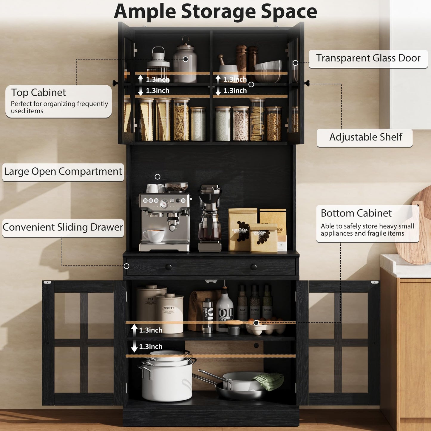 Garvee 72 Inch Kitchen Pantry Cabinet with Glass Doors, Drawer and Adjustable Shelves, Farmhouse Tall Storage Cabinet with Open Countertop, Coffee Bar Cabinet for Coffee Corner, Black