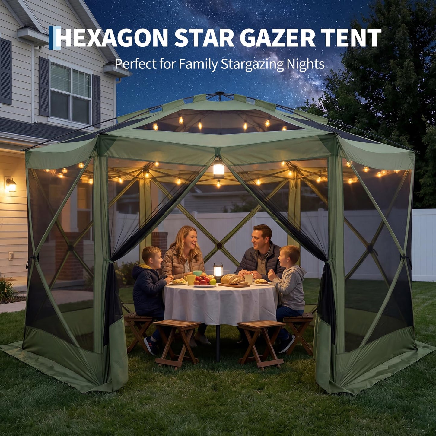 GarveeHome 13x13FT Pop Up Gazebo Screen Tent, 6-Sided Canopy with Starry Sky Top, 210D Oxford Water-Proof Instant Shelter with Mosquito Netting for Backyard Camping, Green & Gray