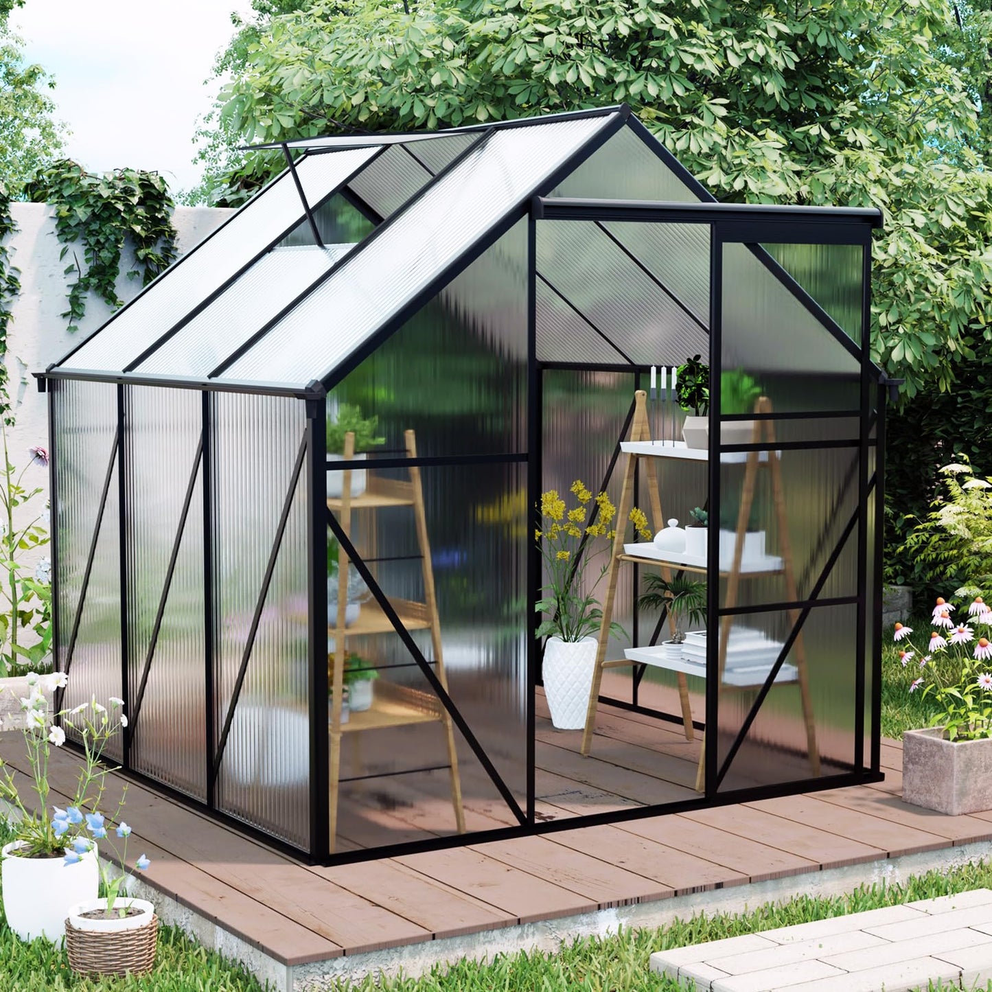 KEIKI 6x6 FT Polycarbonate Greenhouse with Aluminum Frame,Raised Base and Roof Vent,Walk-in Greenhouses for Patio Garden