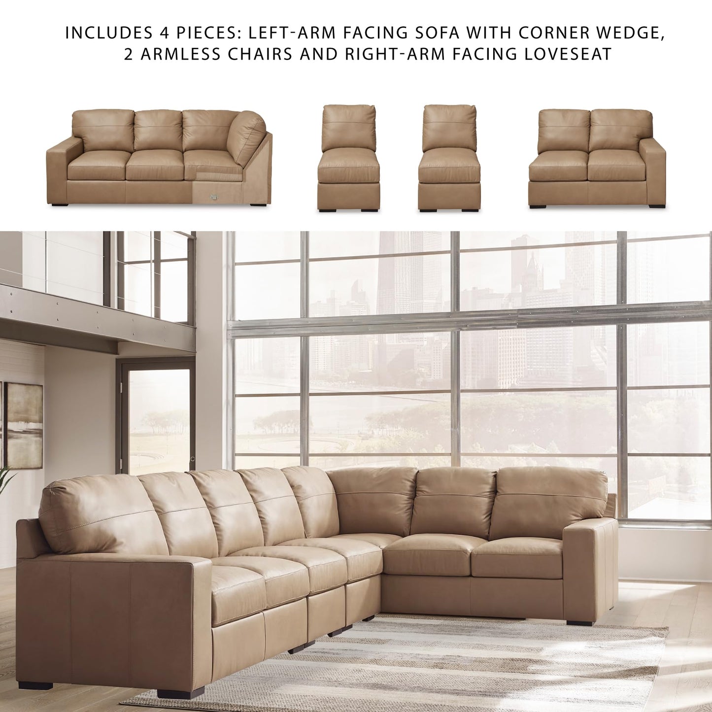 Signature Design by Ashley Bandon Modern Leather Match Left-Arm Facing 4-Piece Sectional with Removable Cushions and Armrest, Light Brown