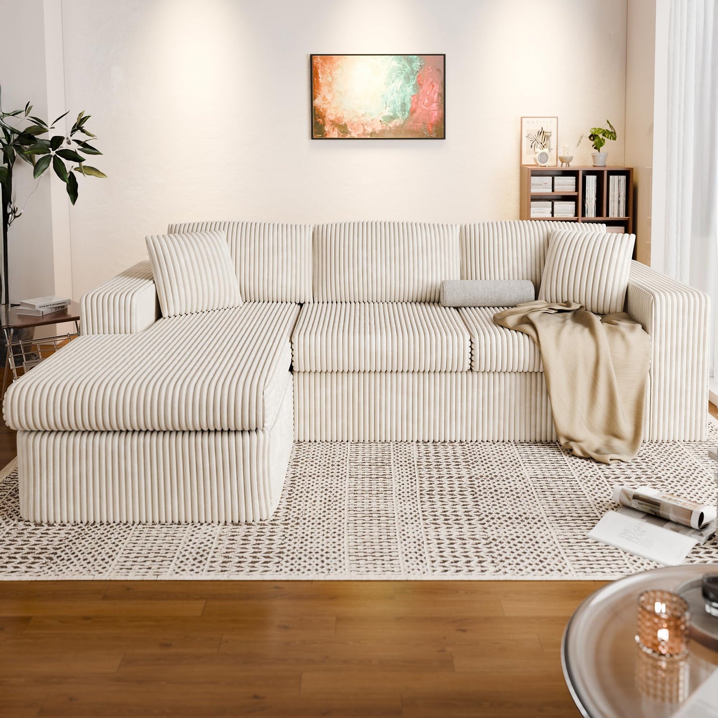 Vongrasig 105" Boneless Couches for Living Room, Sectional Couches Modular Sofa with L-Shaped Chaise, Memory Foam Comfy Cloud Couch with Plush Corduroy Fabric, No Assembly Required, (Beige)