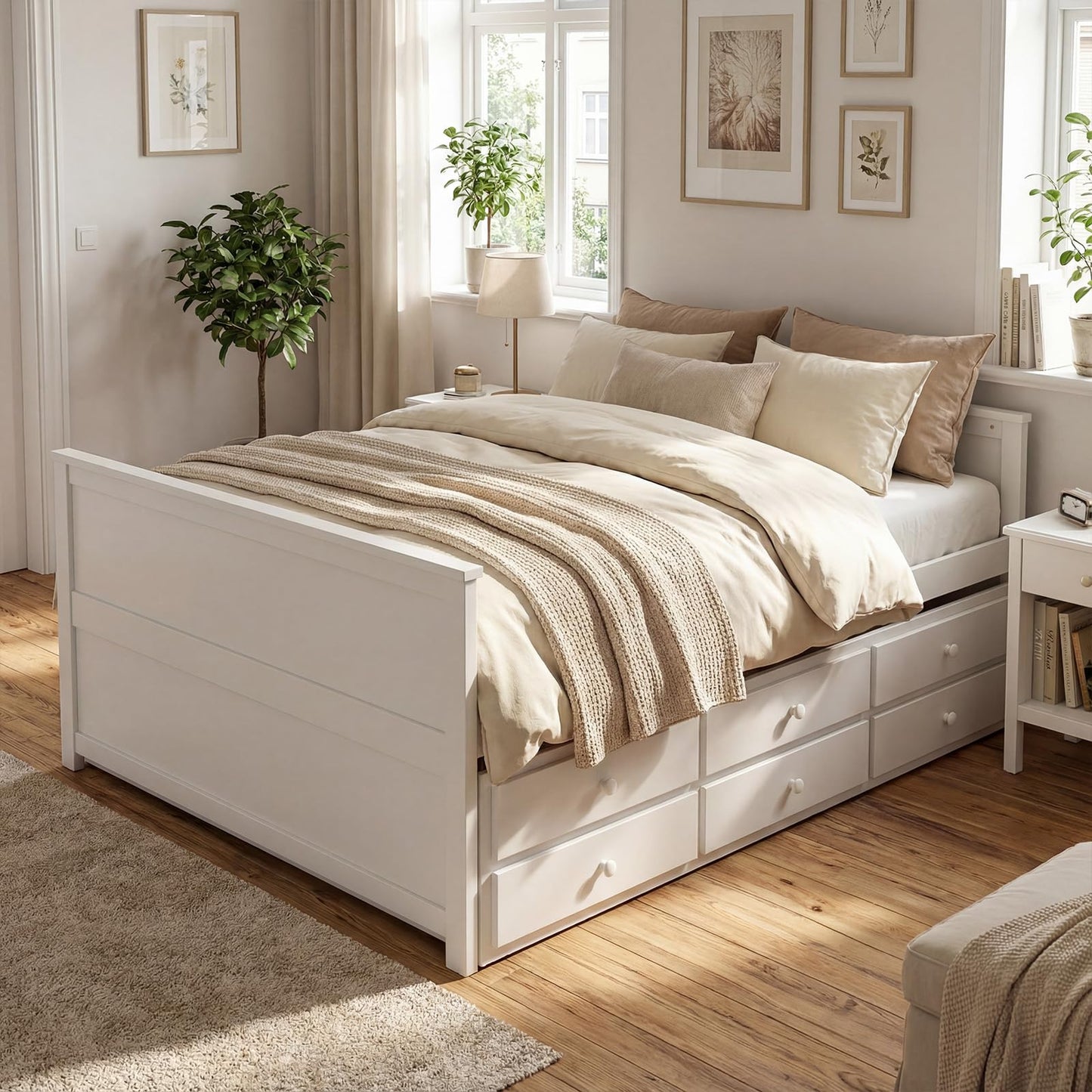 KOMFOTT Wood Full Trundle Bed with 3 Storage Drawers, Daybed with Trundle, No Box Spring Needed Daybed Frame, Trundle Bed with Storage for Kids Teens & Adults, Full Size Captain’s Bed (White)