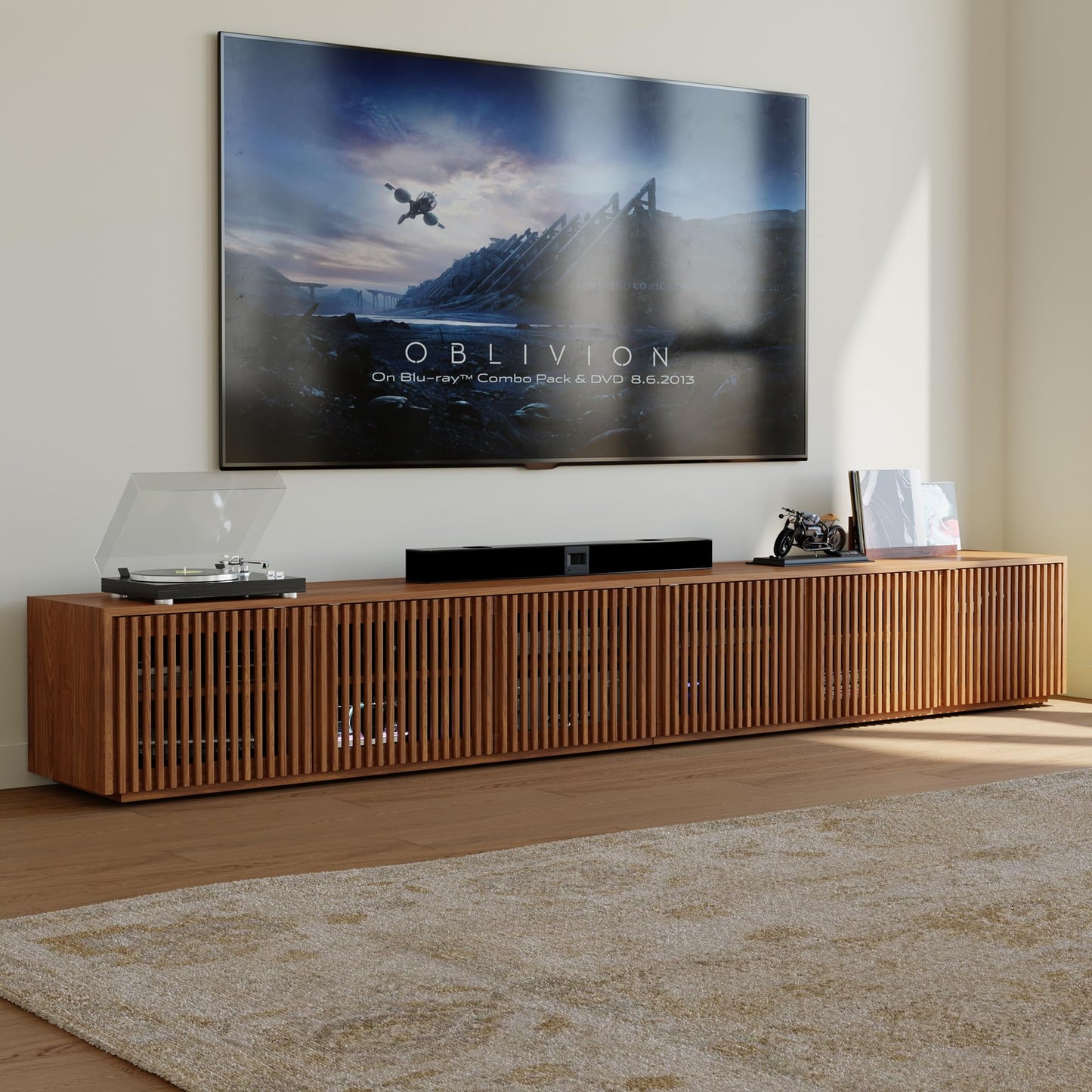POVISON Full Assembled Mid Century Modern TV Stand, 118” Extra-Large Entertainment Center for 100 inch TV, Wood Slatted TV Media Console with Storage for Living Room Bedroom