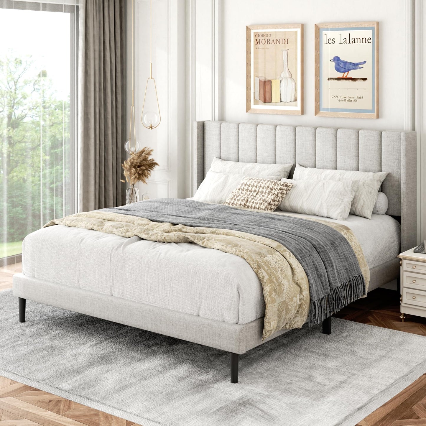 Gruwans Queen Size Bed Frame with Upholstered Wingback Headboard, Easy Assemnly Platform Bed, Wooden Slat Support No Box Spring Needed, Sand