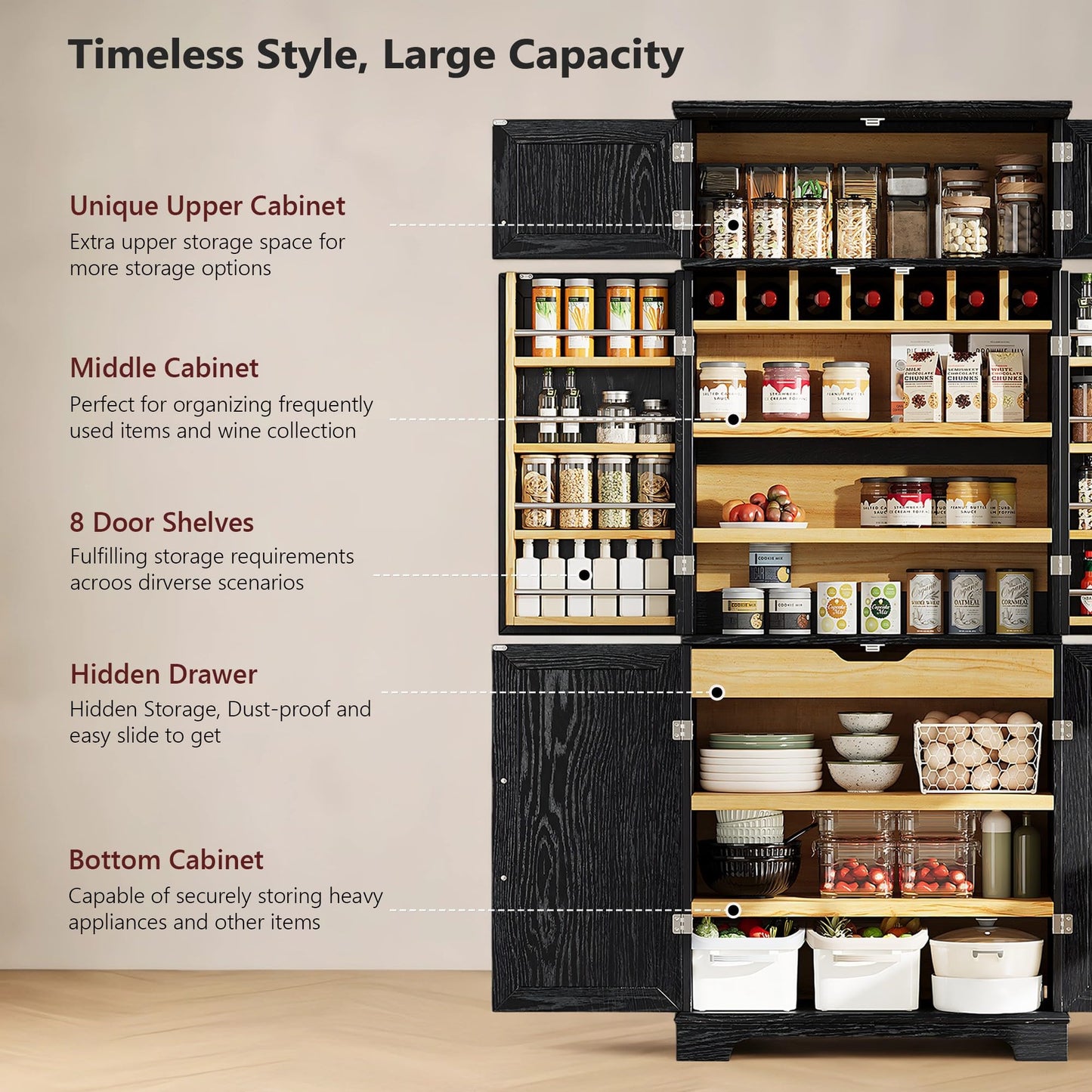 Merax 78.2" Tall Kitchen Pantry Storage Cabinet, Farmhouse Freestanding Large Cupboard with Hidden Drawer, Cabinet, 4 Adjustable Shelves, 8 Door-Shelf & 7 Wine Rack for Dining Room, Ash Black