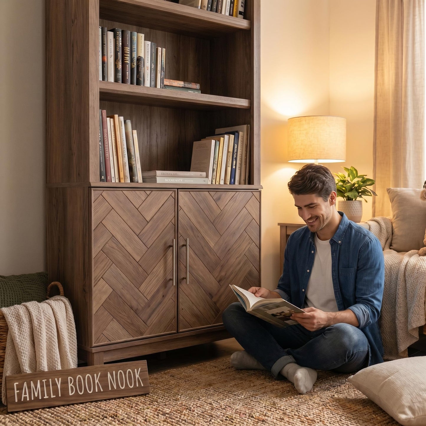 Lab Cosi 71.9" Tall Bookcase with Doors, Wood Bookshelf with Adjustable Shelves, Storage Bookcase Cabinet for Living Room, Bedroom, Home Office
