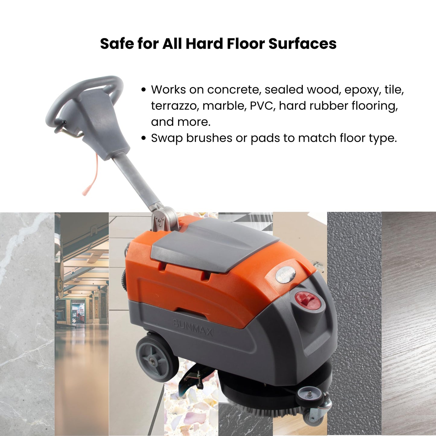 Sunmax RT35AC 17" Electric Walk-Behind Floor Scrubber, 7.9/9.2-Gal Dual Tank System, Orange/Gray, 26ft 110V Corded Commercial Floor Cleaning Machine