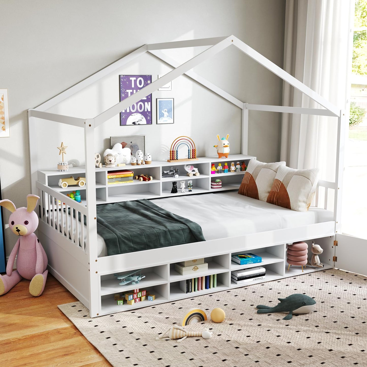 KOMFOTT Twin Size Wood House Bed with Storage Shelves, Wooden Platform Bed Frame with Storage Cabinet, Headboard & Footboard, House Bed with Wood Slats Support, No Box Spring Needed (White)