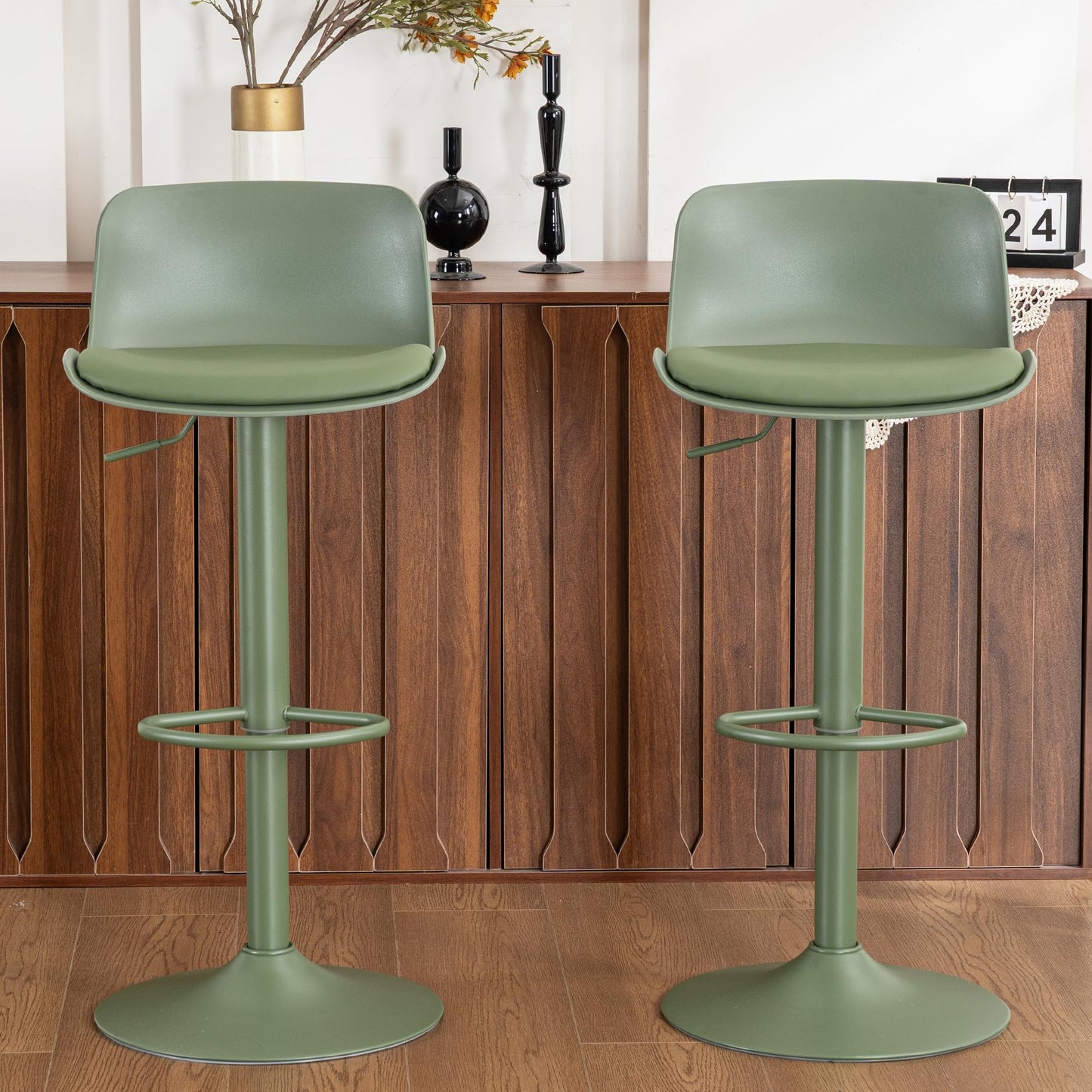Kidol & Shellder Set of 2 Adjustable Swivel Bar Stools - Modern PU Leather Upholstered Counter Height Stools with Back Metal Base for Kitchen Island Home Bar Olive Green