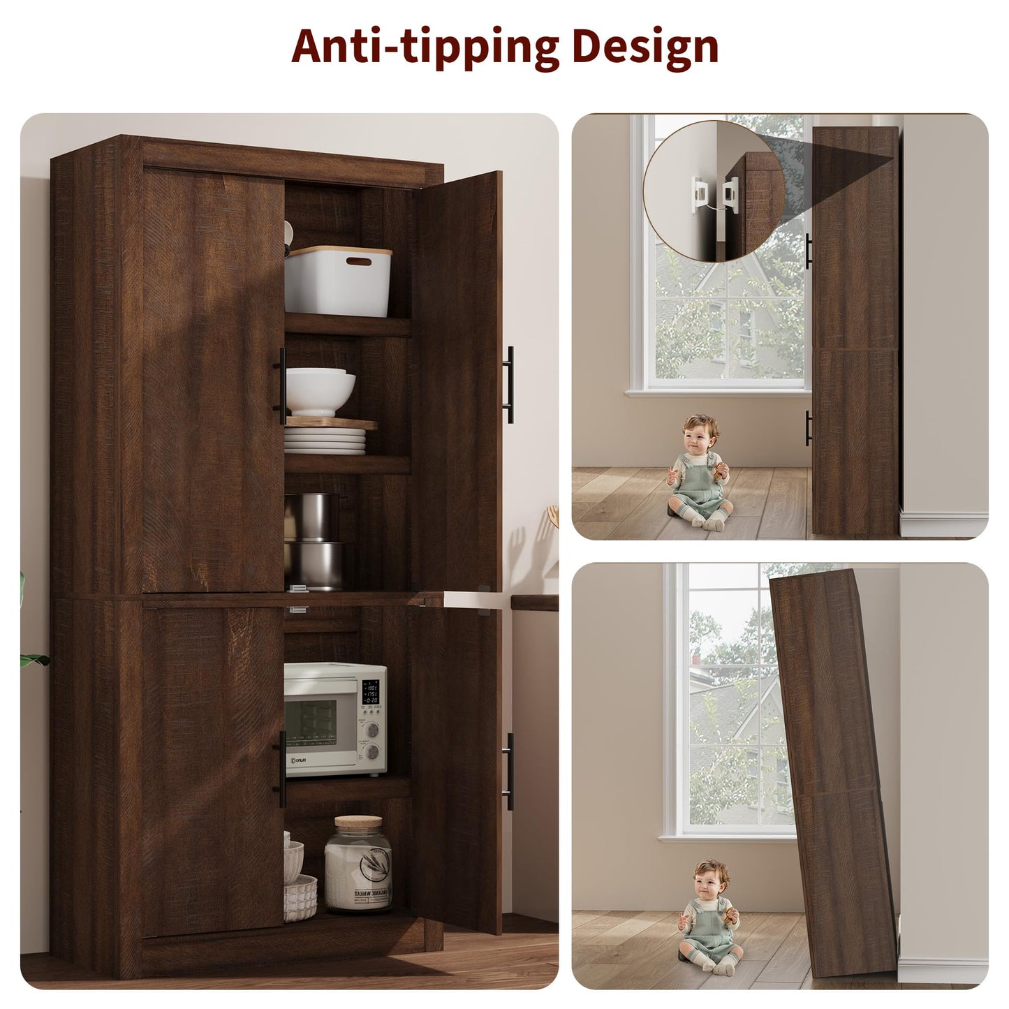 Garvee Tall Farmhouse Pantry Cabinet with Adjustable Shelves, 70.4" Kitchen Storage Cupboard with 4 Doors, Freestanding Microwave Stand and Food Organizer, Dining Area, Rustic Brown