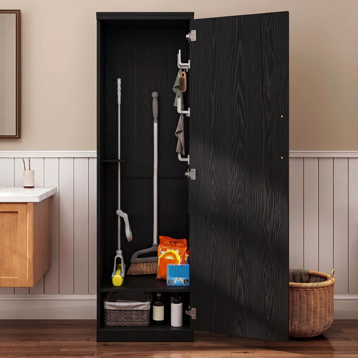 Homiflex Broom Closet Storage Cabinet, 65" H Slim Utility Closet with Door and Shelf, Tall Vacuum Storage Cabinet with Hooks for Cleaning Tool, Broom Closet Organizer for Bathroom, Garage, Black