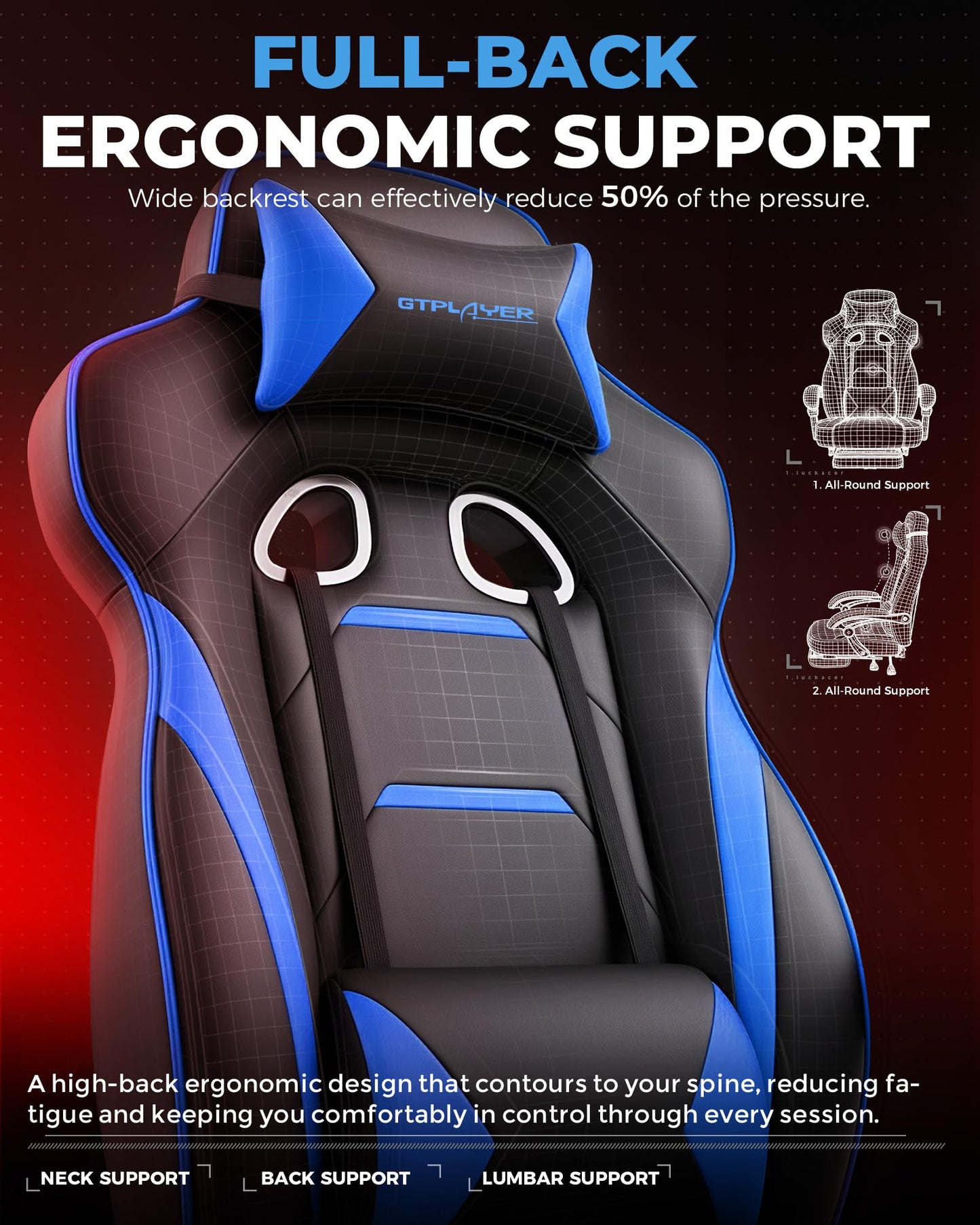 GTPLAYER Gaming Chair with Footrest, Big and Tall Game Chair 350lb Racing Style Computer Chair, Ergonomic Executive Office Chair High Back with Lumbar Support and Recliner, Blue