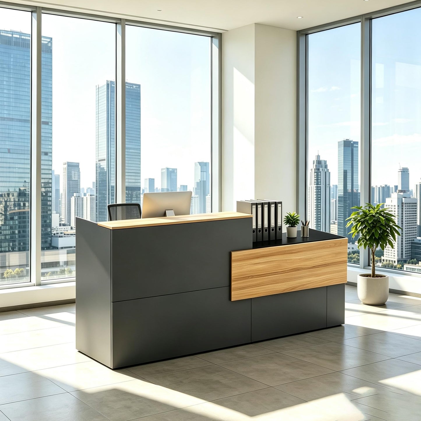NBEETISM Black L-Shaped Reception Desk – 87 Inch Commercial Front Counter with Storage Rack & Cable Grommet, Heavy Duty Receptionist Desk for Office, Salon, Hotel Lobby