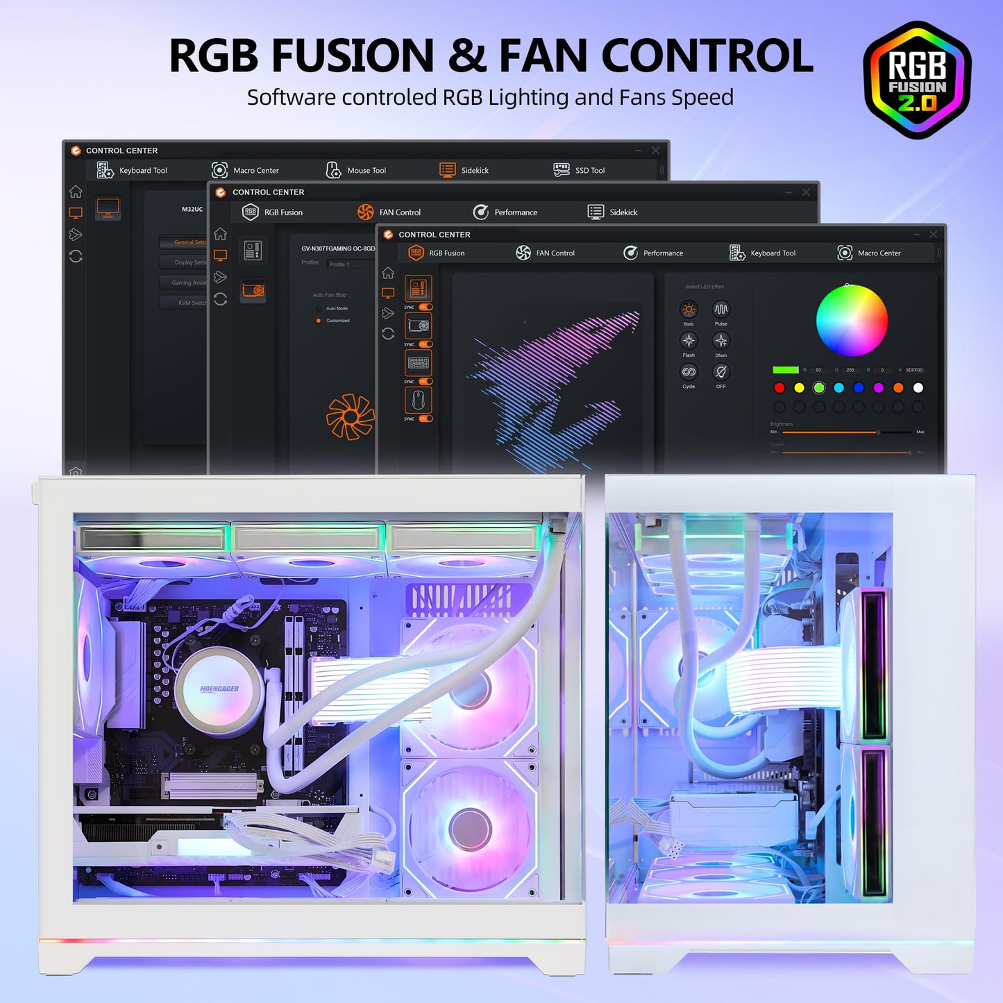 HOENGAGER Software ARGB Control Gaming PC Desktop - AMD Ryzen 7 9800X3D - Radeon RX 9070 XT (16GB) - 32GB DDR5 6000MHz - 1TB PCIe NVMe SSD - White Panoramic Glass Case, RGB Fans, Wi-Fi, Win 11