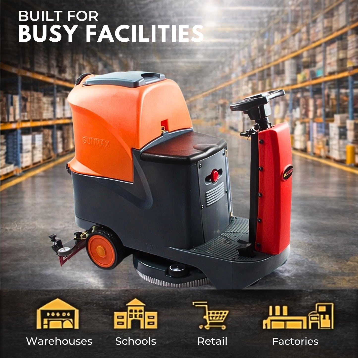 SUNMAX RT70 Ride-On Commercial Floor Scrubber Machine, 22" Brush, 31.5" Squeegee, 18.5/18.5-Gal Tanks, 48,400 Sq Ft/H, 5-Hour Runtime