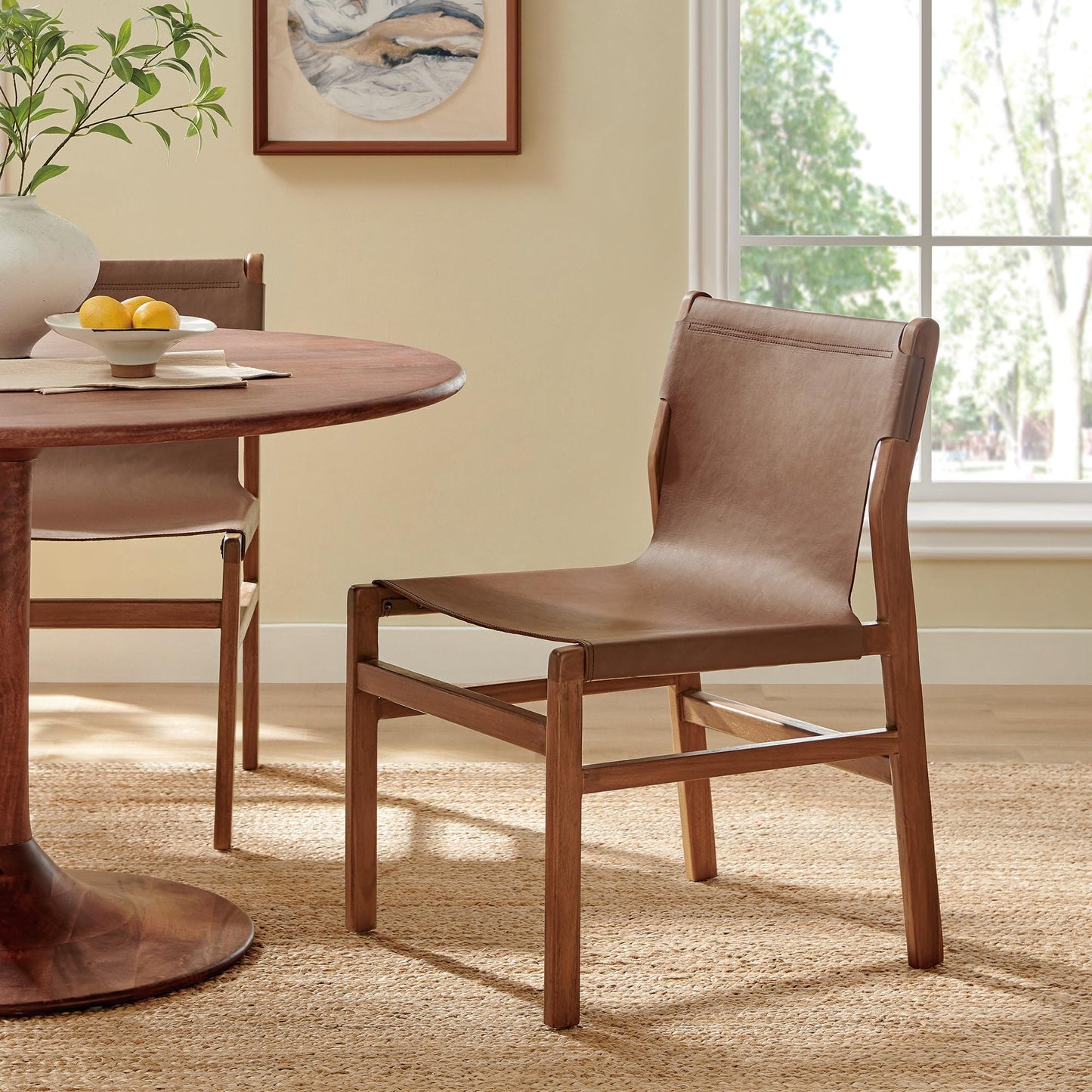 Modway Sonora Leather Dining Side Chair in Nutmeg Brown – Mid Century Modern Armless Accent Chair with Teak Wood Frame for Dining Room, Office, or Entryway