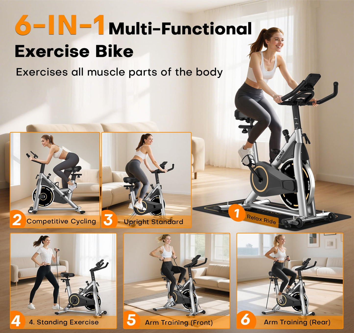 Exercise Bike, Magnetic Resistance Stationary Bikes for Home with App Compatible, Silent Indoor Cycling Bike with 350lbs Weight Capacity Comfortable Seat, Digital Monitor & Phone Mount, Grey Orange