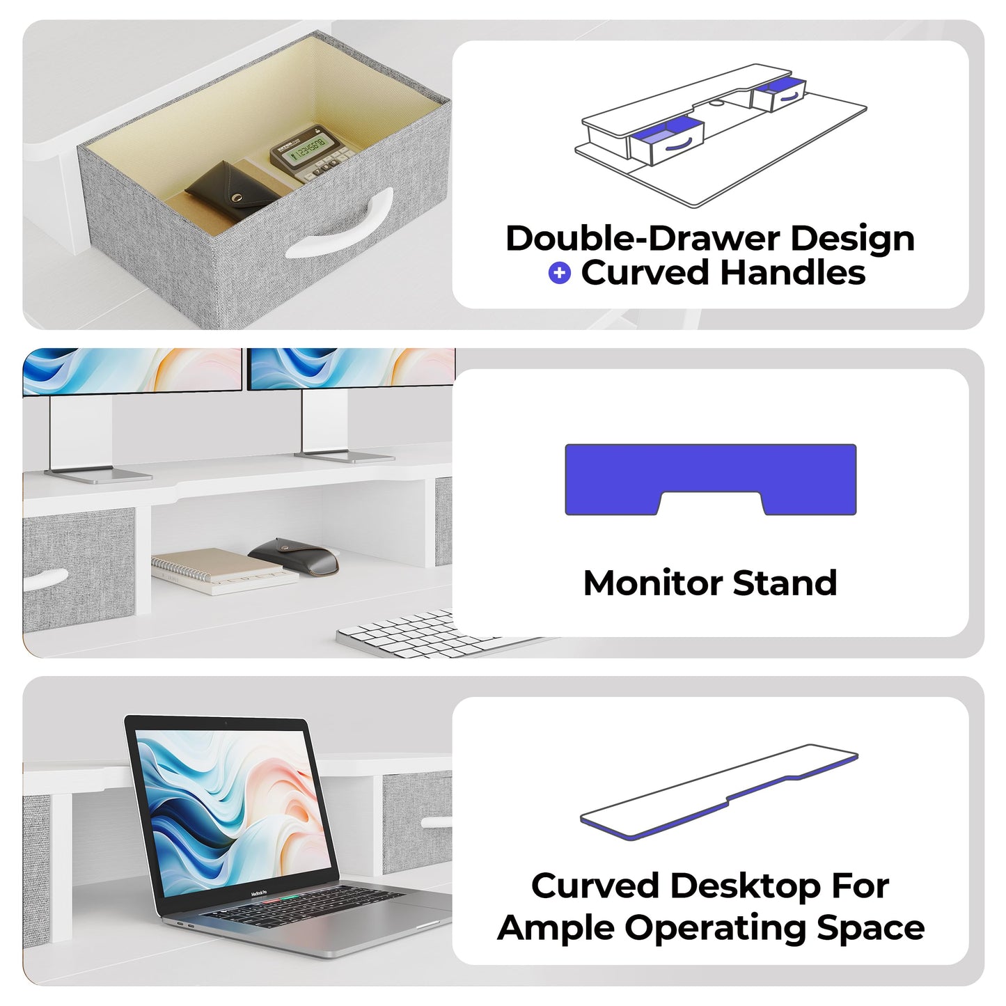 JOISCOPE 48 Inch Electric Standing Adjustable Height Desk with USB & Type-C Outlet, Home Office Computer Gaming Desk with Display Riser and Double Drawer, Sit Stand Desk, White