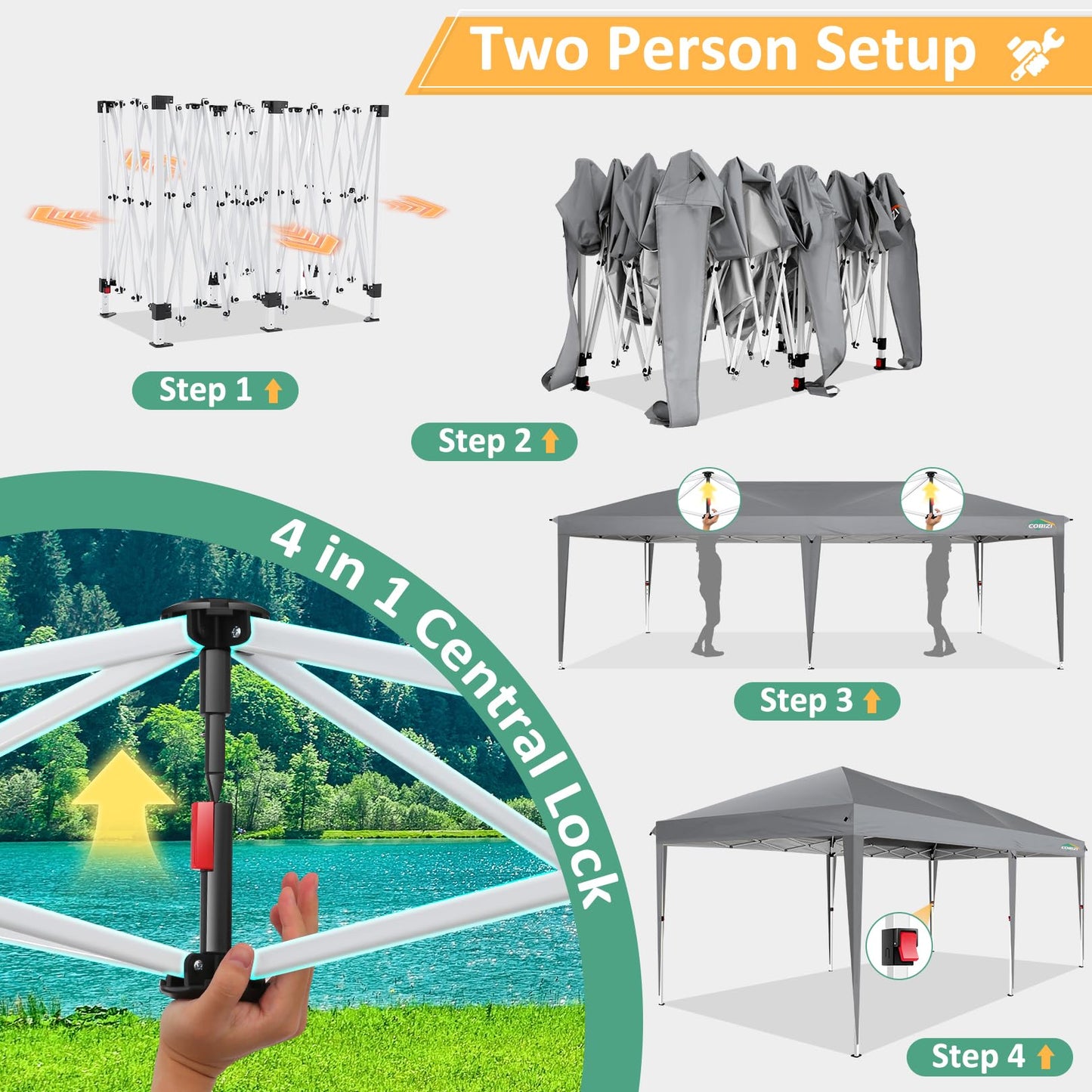 COBIZI 10x20 Canopy Tents for Parties 10x20ft Easy Setup Pop up Tents with Sidewalls & One Push Lock Waterproof Outdoor Large Shelter Party Tent for Wedding Car Port Events Patio Gazebo(Gray)