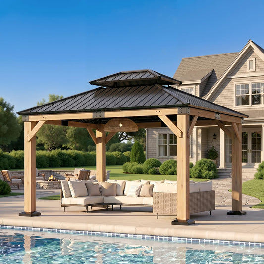 Wood Gazebo 10' x 12', Permanent Pavilion with Hardtop Galvanized Steel Double Roof, Cedar Gazebo with 4.72" Thickened Wooden Posts for Poolside, Patio, Backyard, Garden and Deck