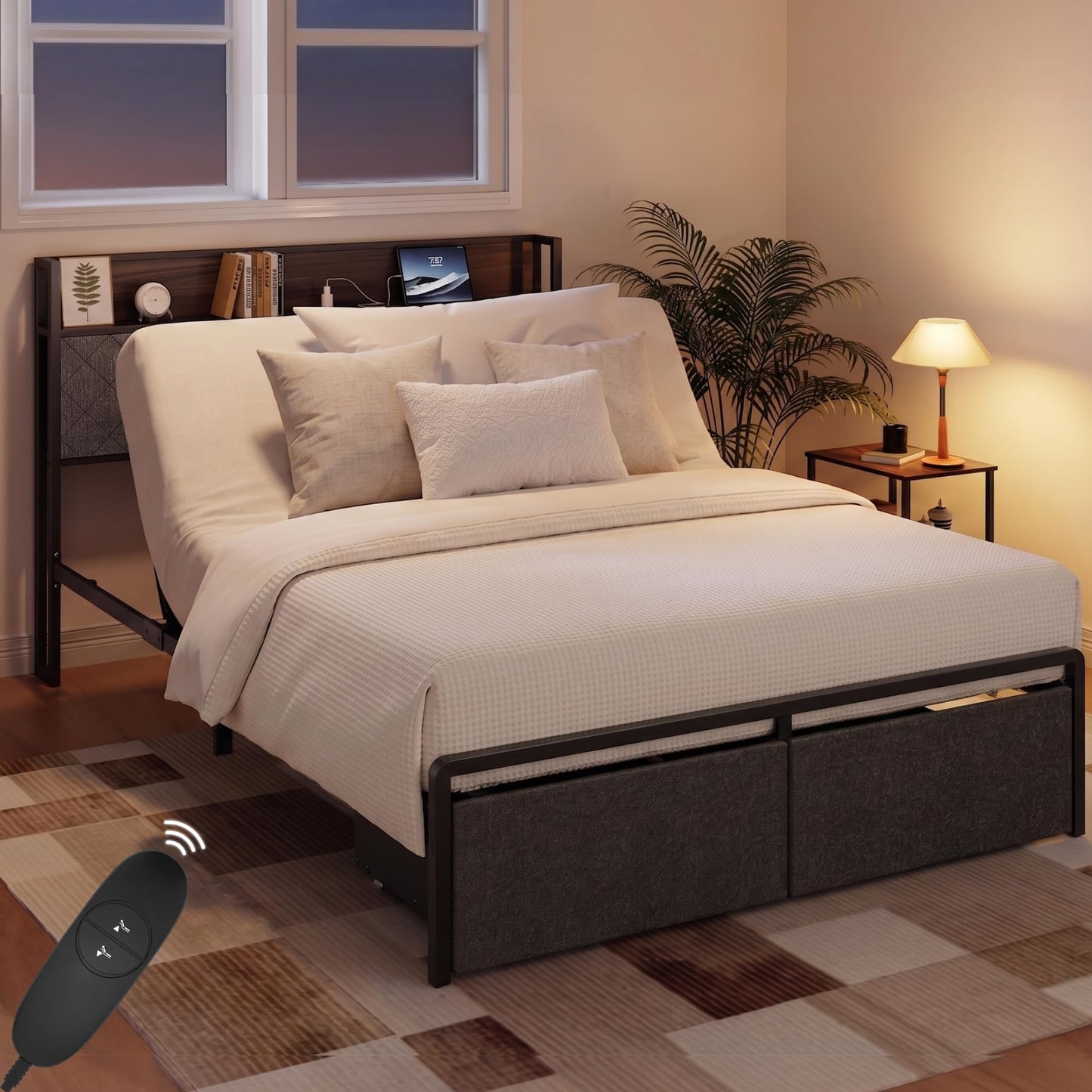 Softa Queen Adjustable Bed Frame with Storage Headboard and Charging Station, Power Head Lift with 2 Footboard Drawers, Upholstered Metal Frame, No Box Spring Needed