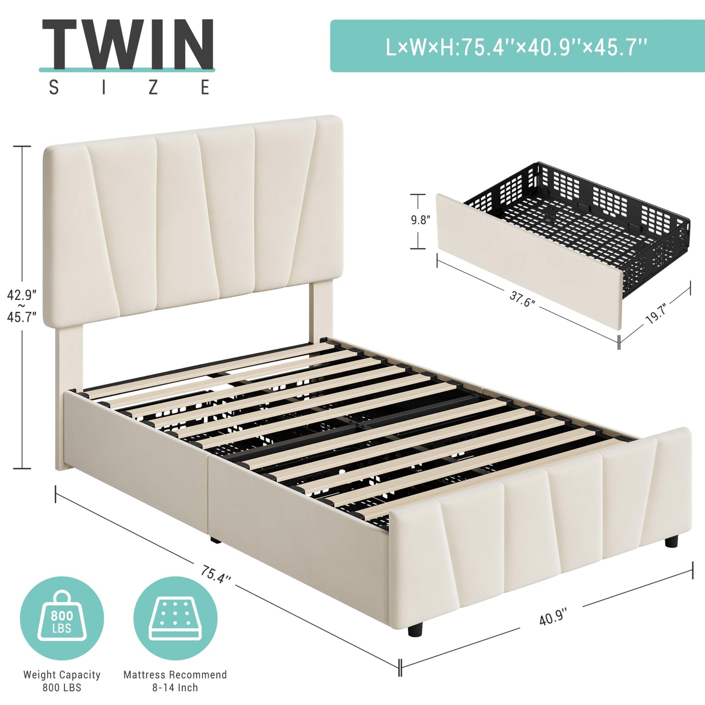GarveeHome Twin Size Bed Frame with Adjustable Headboard and 2 Storage Drawers, Velvet Upholstered Tufted Twin Platform Bed Frames with Wooden Slats Support, Bedframe No Box Spring Needed, Beige/Cream
