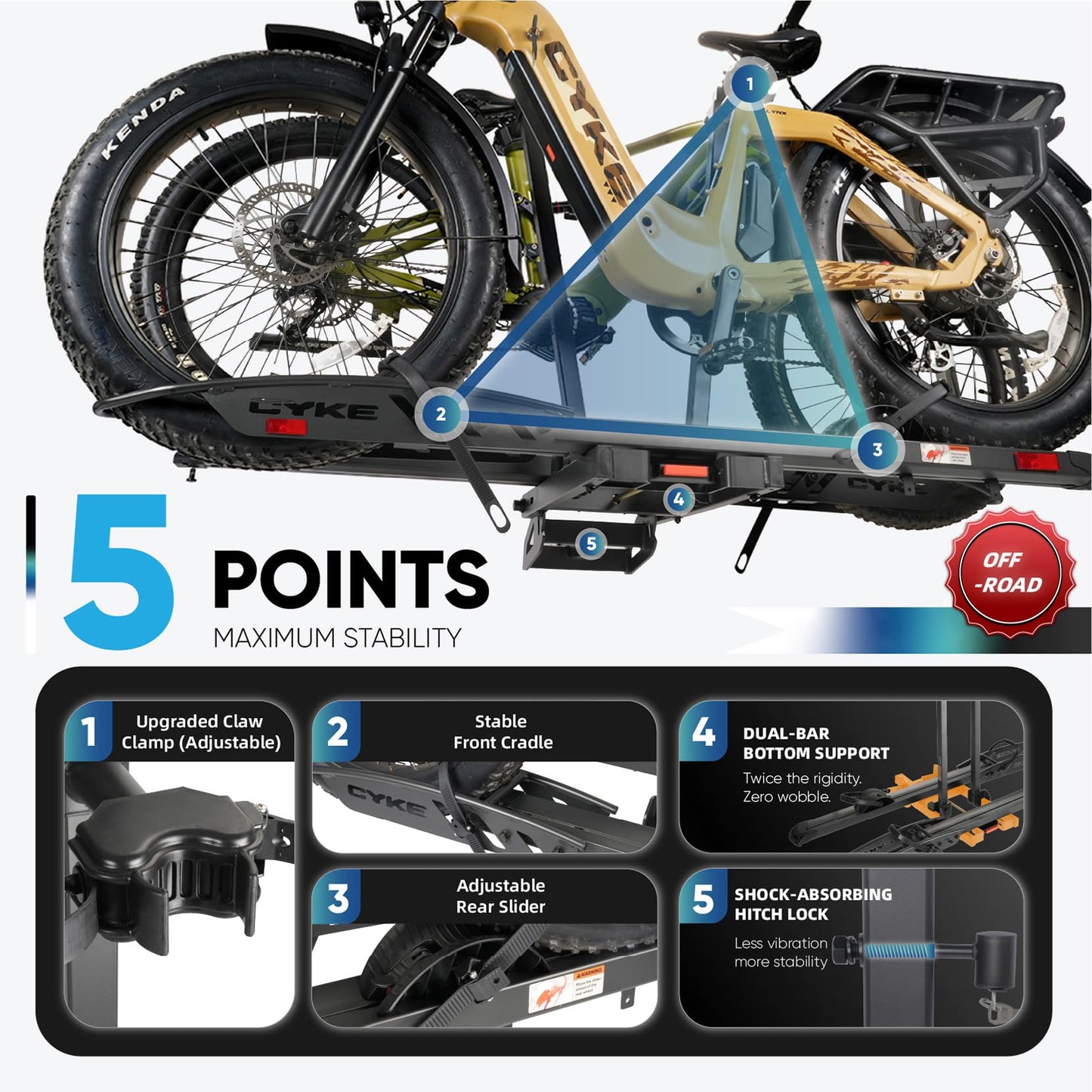 CYKE Oxen W Ebike Rack Hitch for 2 Electric Bikes – 200 lbs Heavy Duty, No-Lift Slide-Out Ramp, Fat Tire up to 5", Anti-Wobble, Foldable, Built-in License Plate Holder, 2" Receiver Car/SUV/Truck/RV